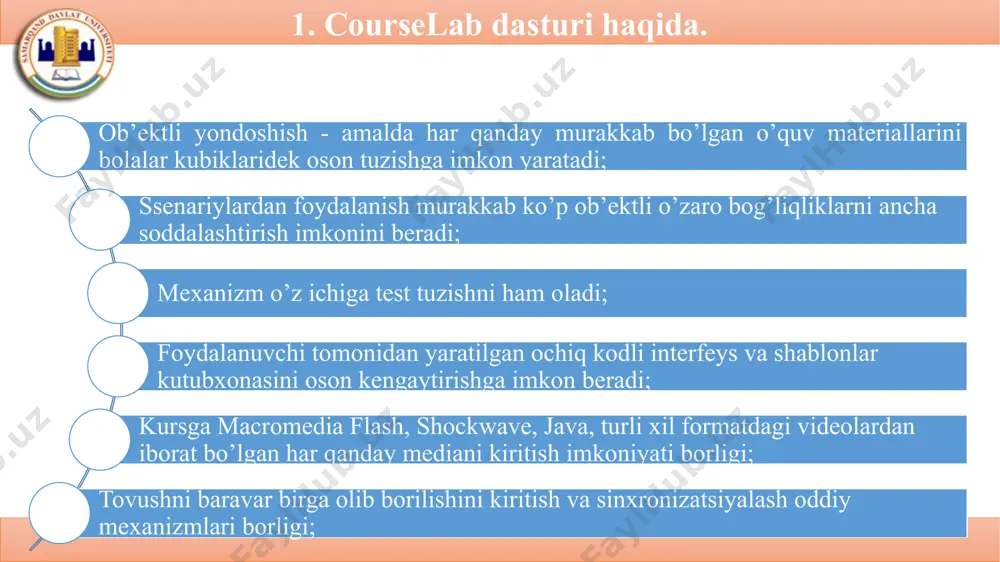 r yoki bir necha kadrlardan iborat bo’ladi (murakkab animatsiyalar yoki dasturiy ta’minot simulyatsiyasi mavjud bo’lsa kadrlar soni juda ko’p bo’lishi mumkin). har qanday slayd kamida bitta kadrga ega bo’ladi. masofaviy ta’lim tizimida slaydlar mustaqil ravishda foydalanib bo’lmaydigan va ta’lim moduli tomonidan boshqariladigan kichik birlikdir. 3. courselab dasturining interfeysi, imkoniyatlari va obyektlari tasnifi. 5-rasm.slaydlar ko’rinishi 3. courselab dasturining interfeysi, imkoniyatlari va obyektlari tasnifi. 6-rasm. dasturdagi shablonlar to’plami 3. courselab dasturining interfeysi, imkoniyatlari va obyektlari tasnifi. 7-rasm. courselab da kurs tuzilmasi 3. courselab dasturining interfeysi, imkoniyatlari va obyektlari tasnifi. 8-rasm. dasturda obyektlar kutubxonasi 3. courselab dasturining interfeysi, imkoniyatlari va obyektlari tasnifi. ma’lumotlarni vizuallashtirish (vizualizatsiya dannix). slaydlarni illyustratsiya qilish mumkin bo’lgan grafiklar. hozirda bunday grafiklarga sector, piramida, aylana, gistogramma, radar kabilarini misol qilish mumkin. tashqi elementlar (vneshnie elementi). bu yerda tashqi fayl yoki url-adresga havola, hamda slaydning ichiga freym joylashtirish mumkin. savollar (voprosi). bu bo’limda foydalanuvchilarni testdan o’tkazish elementlari joylashgan. savollarning 9ta variant …