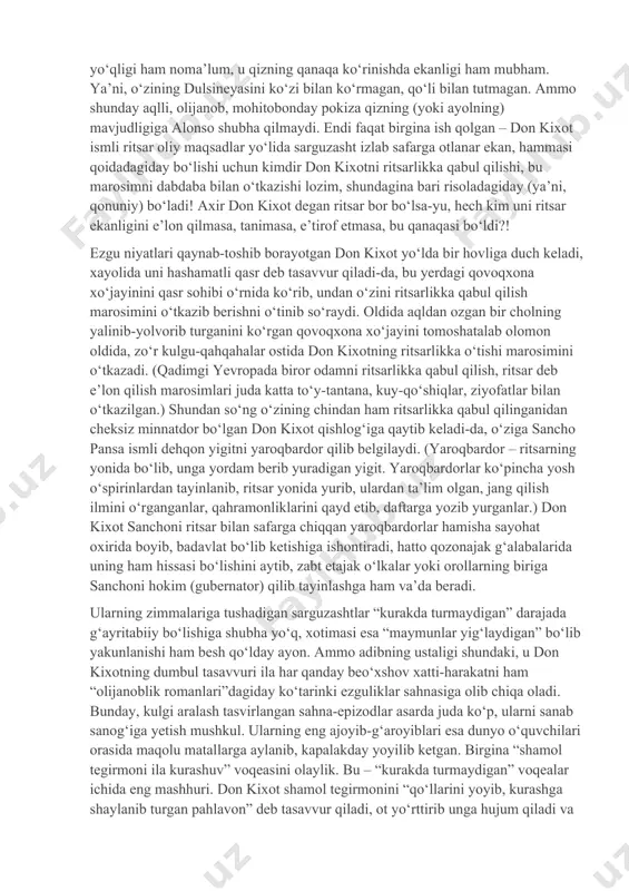 bdaba bilan o‘tkazishi lozim, shundagina bari risoladagiday (ya’ni, qonuniy) bo‘ladi! axir don kixot degan ritsar bor bo‘lsa-yu, hech kim uni ritsar ekanligini e’lon qilmasa, tanimasa, e’tirof etmasa, bu qanaqasi bo‘ldi?! ezgu niyatlari qaynab-toshib borayotgan don kixot yo‘lda bir hovliga duch keladi, xayolida uni hashamatli qasr deb tasavvur qiladi-da, bu yerdagi qovoqxona xo‘jayinini qasr sohibi o‘rnida ko‘rib, undan o‘zini ritsarlikka qabul qilish marosimini o‘tkazib berishni o‘tinib so‘raydi. oldida aqldan ozgan bir cholning yalinib-yolvorib turganini ko‘rgan qovoqxona xo‘jayini tomoshatalab olomon oldida, zo‘r kulgu-qahqahalar ostida don kixotning ritsarlikka o‘tishi marosimini o‘tkazadi. (qadimgi yevropada biror odamni ritsarlikka qabul qilish, ritsar deb e’lon qilish marosimlari juda katta to‘y-tantana, kuy-qo‘shiqlar, ziyofatlar bilan o‘tkazilgan.) shundan so‘ng o‘zining chindan ham ritsarlikka qabul qilinganidan cheksiz minnatdor bo‘lgan don kixot qishlog‘iga qaytib keladi-da, o‘ziga sancho pansa ismli dehqon yigitni yaroqbardor qilib belgilaydi. (yaroqbardor – ritsarning yonida bo‘lib, unga yordam berib yuradigan yigit. yaroqbardorlar ko‘pincha yosh o‘spirinlardan tayinlanib, ritsar yonida yurib, …