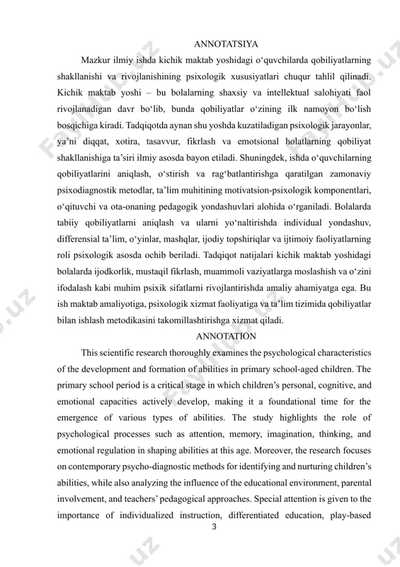 t, parental involvement, and teachers’ pedagogical approaches. special attention is given to the importance of individualized instruction, differentiated education, play-based learning, exercises, creative tasks, and social activities in fostering children's inherent talents. the study's findings are of practical importance for the development of critical psychological traits such as creativity, independent thinking, adaptability to challenging situations, and self-expression. this work can contribute significantly to the practices of school psychologists, educational institutions, and pedagogical professionals working on the enhancement of children's abilities. аннотация данное научное исследование посвящено глубокому анализу психологических особенностей формирования и развития способностей у детей младшего школьного возраста. этот возрастной период характеризуется активным развитием личности, познавательных процессов и эмоциональной сферы ребенка, что создает благоприятные условия для первоначального проявления и формирования различных способностей. в работе рассматриваются ключевые психологические процессы, такие как внимание, память, воображение, мышление и эмоциональная устойчивость, которые напрямую влияют на развитие способностей у детей. особое внимание уделяется современным психодиагностическим …