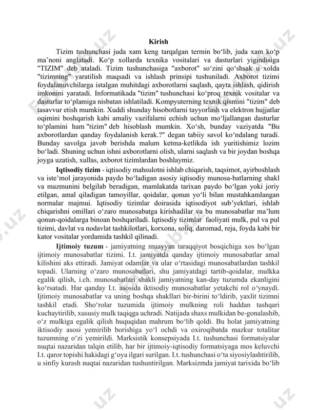 shni omillari oʻzaro munosabatga kirishadilar va bu munosabatlar maʼlum qonun-qoidalarga binoan boshqariladi. iqtisodiy tizimlar faoliyati mulk, pul va pul tizimi, davlat va nodavlat tashkilotlari, korxona, soliq, daromad, reja, foyda kabi bir kator vositalar yordamida tashkil qilinadi. ijtimoiy tuzum - jamiyatning muayyan taraqqiyot bosqichiga xos boʻlgan ijtimoiy munosabatlar tizimi. i.t. jamiyatda qanday ijtimoiy munosabatlar amal kilishini aks ettiradi. jamiyat odamlar va ular oʻrtasidagi munosabatlardan tashkil topadi. ularning oʻzaro munosabatlari, shu jamiyatdagi tartib-qoidalar, mulkka egalik qilish, i.ch. munosabatlari shakli jamiyatning kan-day tuzumda ekanligini koʻrsatadi. har qanday i.t. asosida iktisodiy munosabatlar yetakchi rol oʻynaydi. ijtimoiy munosabatlar va uning boshqa shakllari bir-birini toʻldirib, yaxlit tizimni tashkil etadi. shoʻrolar tuzumida ijtimoiy mulkning roli haddan tashqari kuchaytirilib, xususiy mulk taqiqga uchradi. natijada shaxs mulkidan be-gonalashib, oʻz mulkiga egalik qilish huquqidan mahrum boʻlib qoldi. bu holat jamiyatning iktisodiy asosi yemirilib borishiga yoʻl ochdi va oxiroqibatda mazkur totalitar tuzumning oʻzi yemirildi. marksistik konsepsiyada i.t. tushunchasi formatsiyalar nuqtai nazaridan …