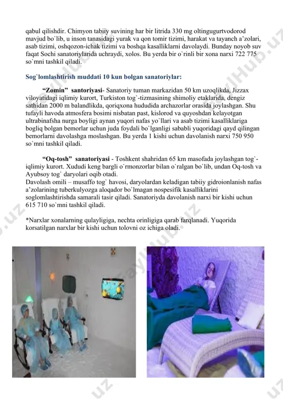 iy osiyoda yagona hisoblanib, unda mamlakatimiz aholisidan tashqari boshqa davlatlardan ham fuqarolar kelib davolanishadi. sanatoriyda davolanish narxi 798 100 so`mni tashkil qiladi. “xonqa” sanatoriyasi– zamonaviy arxitektura loyihasi asosida qurilgan yangi balneologik kurort. bu erda asab, yurak-qon tomir tizimi, ginekologik, tayanch-harakat apparatini davolash yuqori darajada yo`lga qoyilgan. davolash xonalari zamonaviy uskunalar bilan jihozlangan. yod, brom va boshqa mikroelementlar bilan boyitilgan mineral chashma bemorlar uchun tabiiy shifokor vazifasini o`taydi. bu yerda davolanish narxi 811 210 so`mni tashkil qiladi. “chinobod” sanatoriyasi- toshkent shahridagi balneologik balchiqli kurort. davolanish uchun korsatmalar: ovqat hazm qilish a’zolari kasalliklari remissiya bosqichida, ginekologik kasalliklar, qandli diabet. asosiy tibbiy davo omillaridan: toshkent artezian hovuzining termal (+51 c) madanli suvi, xlorid-gidrokarbonatli natriyli suvlari, baliqli ko`lining balchig`ini ko`rsatib o`tish mumkin. ushbu maskanda davolanish narxi 952 200 so`mni tashkil qiladi. “chortoq” sanatoriysi– balneologik va iqlimiy kurort, chortoq-soy dengizi bo`yida namangandan 25 km uzoqlikda, dengiz sathidan 650 m balandlikda joylashgan. davolash omillari sifatida – …