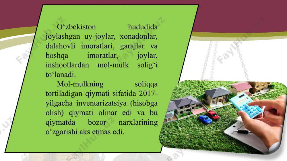 o‘lcham o‘zgarmay qoldi. agarda jismoniy shaxs tomonidan o‘ziga tegishli mol-mulk tadbirkorlarga ijaraga berilsa, yoki undan mulkdorning o‘zi tadbirkorlik maqsadlarida foydalansa, oldingi yillarda bu mol-mulkka nisbatan imtiyozlar qo‘llanilmas edi. 2019- yildan boshlab bu qoida bekor qilindi. ya’ni, bunday mol-mulkka nisbatan ham imtiyozlar saqlab qolinadigan bo‘ldi. mol-mulk solig‘i bo‘yicha imtiyozlar soliq kodeksining 275- moddasida batafsil keltirilgan. mol-mulk solig‘iga tortilishi zarur bo‘lgan mol-mulk egasi bo‘lgan yuridik shaxs mol-mulk solig‘i subyekti hisoblanadi. yuridik shaxslarning mol-mulki solig‘iga tortiladigan mol-mulklari esa mol-mulk solig‘i obyekti bo‘ladi. har qanday jismoniy shaxsning ma’lum miqdorda mol-mulki bo‘ladi. qonunga ko‘ra, mol-mulkidan soliq to‘lovchi shaxs mol-mulk solig‘i to‘lovchisi (subyekti) hisoblanadi. jismoniy shaxslardan olinadigan soliq to‘lovchilari quyidagi shaxslardir: mulkida soliqqa tortilishi joiz bo‘lgan mol-mulk egalari bo‘lgan o‘zbekiston respublikasi fuqarolari; o‘zbekiston hududida soliqqa tortilishi joiz bo‘lgan mol-mulk egalari bo‘lgan chet el fuqarolari. bunda ayrim hollarda xalqaro shartnomalarga binoan boshqacha tartib amal qilish mumkin; yuridik shaxs tashkil etgan va tashkil etmagan holda tuzilgan dehqon xo‘jaliklari. …