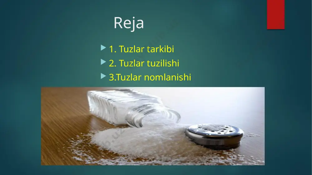raqamida ko’rsatiladi. masalan, “temir (ii) gidro sulfat” fe(hso4)2 asosli tuzlar asosli tuzlar nomi o’zgarmas valentli metallar uchun o’rta tuz nomi o’rtasiga “gidrokso” so’zi qo’shilib, “metall atomi nomi + gidrokso+ kislota qoldig’i nomi” shaklida yoziladi. agar metal atomi o’zgaruvchan valentli bo’lsa uning valentligi rim raqamida ko’rsatiladi. masalan, “temir (iii) sulfat” feohso4 o’rta tuzlarga misollar natriy xlorid naci kalsiy karbonat caco3 kaliy permanganat kmno4 litiy sulfat liso4 nordon tuzlarga misollar natriy gidro karbonat nahco4 litiy gidro sulfat lihso4 kaliy gidro fosfat k2hpo4 temir (iii) gidro fosfat fe2(hpo4 )3 asosli tuzlarga misollar aluminiy gidrokso sulfat alohso4 magniy gidrokso bromid mgohbr magniy gidrokso fosfat (mgoh)3po4 mis(ii) gidrokso karbonat (cuoh)2 co3 uyga vazifa o’rta, nordon, asosli tuzlarga 5 tadan misollar yozib kelish. e’tiboringiz uchun raxmat. image6.png image7.png image8.png image9.png image10.png image2.png image3.png image4.png image5.png /docprops/thumbnail.jpeg