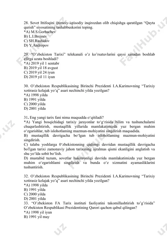 ek tiliga davlat tili maqomini berish to’g’risida”gi qonun qachon qabul qilingan edi? *a) 1989 yil 21 oktyabrda b) 1990 yil 20 iyunda c) 1991 yil 18 noyabrda d) 1990 yil 24 martda 44. 1992 yil 10 dekabrda o’zbekiston respublikasining qaysi davlat ramzi qabul qilingan? *a) davlat madhiyasi b) davlat gerbi c) konstitutsiya d) davlat bayrog’i 45. davlat va jamiyat hayotining eng muhim masalalari xalq muhokamasiga qo’yilishi qanday ataladi? *a) referendum b) umumxalq saylovi c) ombudsman d) muqobil saylov 46. 1991 yil 18 noyabrda o’zbekiston respublikasining … qabul qilingan. *a) davlat bayrog’i b) davlat madhiyasi c) konstitutsiya d) davlat gerbi 47. o’zbekiston respublikasi konstitutsiyasining uchinchi bo’limi … deb nomlanadi. *a) jamiyat va shaxs b) inson va fuqarolaming asosiy huquqlari, erkinliklari va burchlari c) asosiy prinsiplar d) davlat hokimiyatining tashkil etilishi 48. o’zbekiston respublikasi konstitutsiyasi…? *a) 6 bo tim, 26 bob, 128 moddadan iborat b) 5 bo’lim, 24 bob, 128 moddadan iborat …