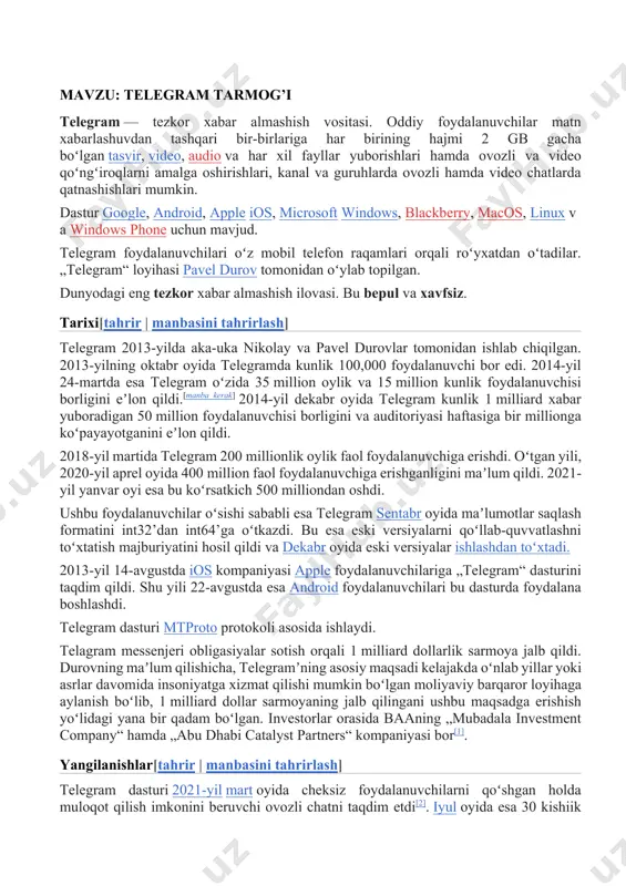 oydalanuvchilari bu dasturda foydalana boshlashdi. telegram dasturi mtproto protokoli asosida ishlaydi. telagram messenjeri obligasiyalar sotish orqali 1 milliard dollarlik sarmoya jalb qildi. durovning maʼlum qilishicha, telegramʼning asosiy maqsadi kelajakda oʻnlab yillar yoki asrlar davomida insoniyatga xizmat qilishi mumkin boʻlgan moliyaviy barqaror loyihaga aylanish boʻlib, 1 milliard dollar sarmoyaning jalb qilingani ushbu maqsadga erishish yoʻlidagi yana bir qadam boʻlgan. investorlar orasida baaning „mubadala investment company“ hamda „abu dhabi catalyst partners“ kompaniyasi bor[1]. yangilanishlar[tahrir | manbasini tahrirlash] telegram dasturi 2021-yil mart oyida cheksiz foydalanuvchilarni qoʻshgan holda muloqot qilish imkonini beruvchi ovozli chatni taqdim etdi[2]. iyul oyida esa 30 kishiik videokonferensiyasida har bir ishtirokchi oʻz ekranidan skrin koʻrsata olish imkoniyatiga ega boʻldi[3]. avgust oyi oxirida esa telegram ovozli va video chatlarni jonli efirlar[4] deya nomladi. sentabr oyidagi yangilanishda esa jonli efirlarni yozib olish imkoniyatini ham taqdim etdi[5]. shunday qilib biz 2021-yilni reaksiyalar, yashirin matn, tarjimon va qr-kodlar bilan tugatdik.[1] 2022 -yil mart oyida …