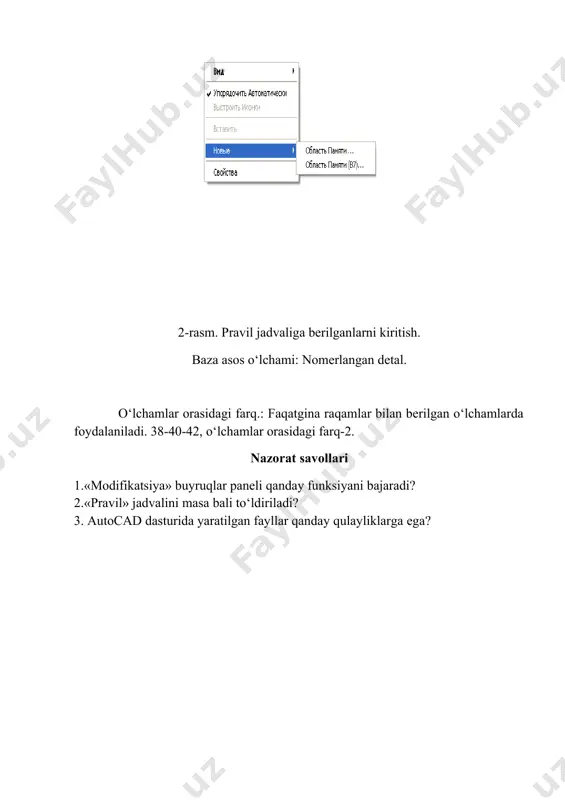 nksiyani bajaradi? 2.«pravil» jadvalini masa bali to‘ldiriladi? 3. autocad dasturida yaratilgan fayllar qanday qulayliklarga ega? image1.png