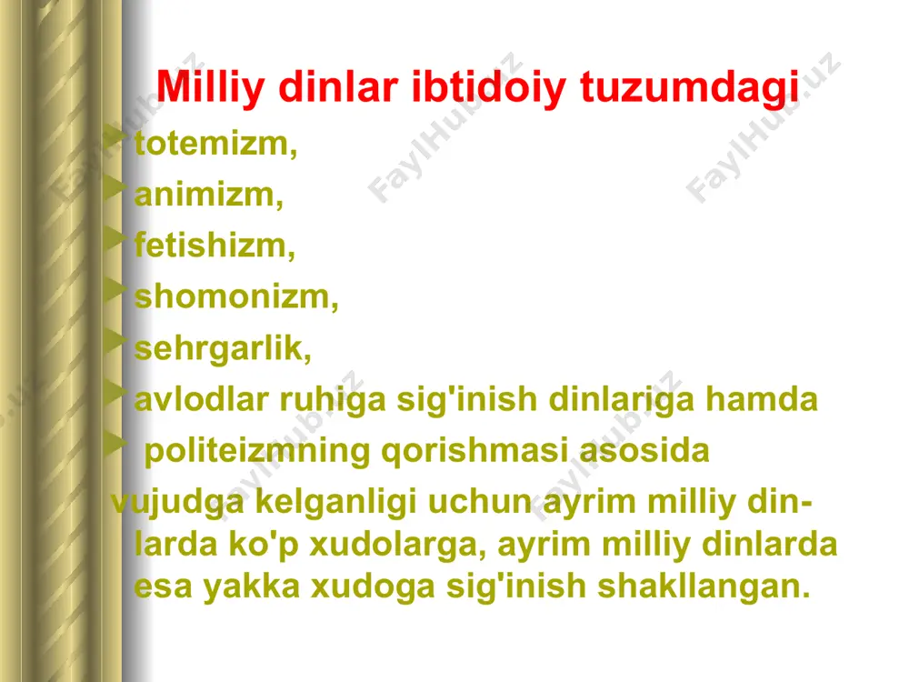 n. jaynizm ta'limotida 24 ta payg'ambarga, ayniqsa, ulardan oxirgisi bo'lgan payg'ambar - vardhamana maxaviraga sig'inish talab etilgan. jaynizmda jonning o'lmasligiga, uning bir moddiy shakldan ikkinchisiga ko'chib yurishiga ishonish g'oyasi markaziy o'rinni egallaydi. jaynizm jaynizm dindorlarga nisbatan qattiq cheklashlar o'rnatganligi sababli hozirgi kunda bu din tugab bormoqda. shu sababli jaynizmni isloh qilinib zamonga moslashga uri-nishlar bo'lmoqda. jaynizm tabaqalanishni qoralab, insonlar tengligini ilohiy asosda o'rnatish to'g'risidagi din bo'lganligi uning ijobiy xususiyatidir. sinxizm sinxizm (so'zning ma'nosi o'quvchi, shogird demakdir) xv asrning oxiri xvi asrning boshlarida shimoliy-g'arbiy hindistonda hinduizmga qarshi yo'nalish sifatida paydo bo'lgan milliy dindir. sinxizm mayda hunarmand va savdogarlarning feodal zulmi va jamiyatning tabaqalanishiga qarshiligini o'zida aks ettiradi. xvi asrga kelib sinxlar jamoasiga dehqonlar ham qo'shila boshladilar va antifeodal harakatni qo'llab-quvvatladilar. sinxizm monoteistik din hisoblanib, jamoa bo'lib birgalikda ibodat qilishni inkor etadi. moddiy olamdagi barcha hodisalar sinxizm ta'limoticha, yagona xudo-oliy kuchning ijodi, insonlar esa xudo oldida teng, deb qaraladi. bu din ta'limoti …