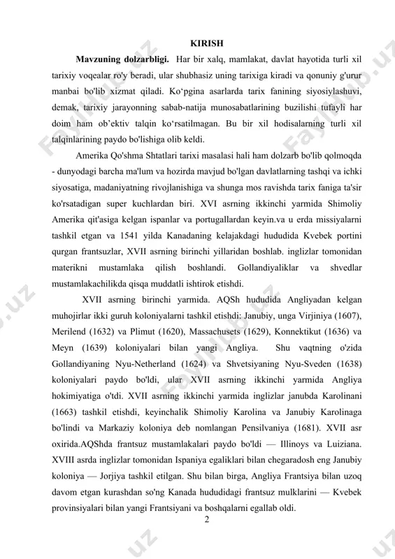 nektikut (1636) va meyn (1639) koloniyalari bilan yangi angliya. shu vaqtning o'zida gollandiyaning nyu-netherland (1624) va shvetsiyaning nyu-sveden (1638) koloniyalari paydo bo'ldi, ular xvii asrning ikkinchi yarmida angliya hokimiyatiga o'tdi. xvii asrning ikkinchi yarmida inglizlar janubda karolinani (1663) tashkil etishdi, keyinchalik shimoliy karolina va janubiy karolinaga bo'lindi va markaziy koloniya deb nomlangan pensilvaniya (1681). xvii asr oxirida.aqshda frantsuz mustamlakalari paydo bo'ldi — illinoys va luiziana. xviii asrda inglizlar tomonidan ispaniya egaliklari bilan chegaradosh eng janubiy koloniya — jorjiya tashkil etilgan. shu bilan birga, angliya frantsiya bilan uzoq davom etgan kurashdan so'ng kanada hududidagi frantsuz mulklarini — kvebek provinsiyalari bilan yangi frantsiyani va boshqalarni egallab oldi. xviii asr davomida. inglizlar materikni zabt etishda davom etishdi, mahalliy hind aholisini siqib chiqarishdi va g'arbga qarab harakat qilishdi. mustaqillik urushidagi g'alaba (1755-1783) natijasida shimoliy amerika qo'shma shtatlari suveren davlati paydo bo'ldi, keyinchalik uning tarkibiga sobiq frantsuz (luiziana) va ispan (florida) mulklari hududlari kiritildi. aqshdan …