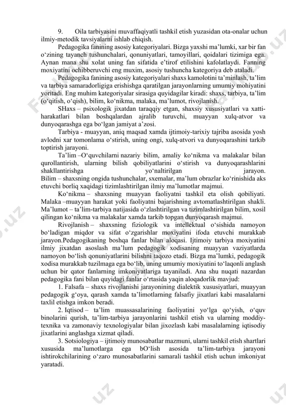 ani asoslari muayyan tizimga solindi va ilmiy jixatdan asoslandi. bu o‘rinda pedagogika fani rivojiga o‘zining munosib xissasini qo‘shgan mutafakkirlar: g‘arbda - ya.a.komenskiy, d.didro, j.j.russo, f.gerbart, v.v.disterveg, k.d.ushinskiy, a.s.makarenko, v.a.suxomlinskiy, sharqda i.ibrat, s.siddiqiy, a.shakuriy, s.ayniy, a.avloniy, a.fitrat, x.x.niyoziy, m.abdurashidov, m.bexbudiylar shaxsga ta’lim berish va uni tarbiyalash borasidagi qarashlarni yanda boyitdilar xamda ta’lim tizimiga ilm-fan, texnika yangiliklarini tadbiq etish, o‘qitishni yangi tizim (izchil, uzluksiz, asoslangan) asosida tashkil etish kabi g‘oyalarni ilgari surdilar. sobiq sho‘ro davrida pedagogika fani mazmunan ilm-fan, texnika va texnologiya yutuqlari asosida boyidi, ta’lim muassasalari tizimi shakllantirildi, shuningdek, xar tomonlama (garmonik) rivojlangan shaxsni shakllantirish nazariyasi asoslandi. biroq, mazkur nazariya g‘oyalarini amaliyotga tadbiq etishning puxta asoslangan mexanizmi yaratilmadi. o‘zbekiston respublikasi mustaqillikni qo‘lga kiritgach, rivojlanish va taraqqiyot yo‘li demokratik, insonparvar va xuquqiy jamiyatni barpo etishdan iboratligi e’tirof etilib, «ta’lim tizimini tubdan islox qilish, uni o‘tmishdan qolgan mafkuraviy qarashlar va sarqitlardan to‘la xalos etish»1 davlat siyosatining ustuvor yo‘nalishlaridan biri deya belgilandi. asosiy e’tibor …