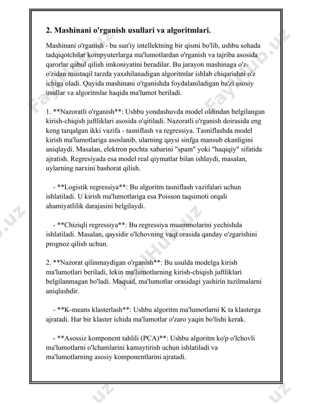 ma'lumotlar bilan ishlashda qo'llaniladi, ular xotirala ega bo'lib, avvalgi qadam ma'lumoti asosida qaror qabul qilishni amalga oshiradi. yuqoridagi mashinani o'rganish usullari va algoritmlar texnologiya rivojlanishini jadallashtirishda markaziy ahamiyatga ega. ular turli sohalarda, jumladan, tibbiyot, moliya, marketing va ko'plab boshqa sohalarda muvaffaqiyatli ravishda qo'llanilib kelinmoqda. shu orqali korxonalar o'z ish jarayonlarini optimallashtirish, foydalanuvchilarga xizmatni shaxsiylashtirish va yangi imkoniyatlarni kashf etish imkoniyatiga ega bo'lmoqda. 3. ma'lumotlarni tahlil qilish usullari. albatta, quyida "ma'lumotlarni tahlil qilish usullari" mavzusi bo'yicha batafsil ma'lumotlarni taqdim etaman. ### ma'lumotlarni tahlil qilish usullari ma'lumotlarni tahlil qilish statistika, ma'lumotlar konikmasi va algoritmlar yordamida ma'lumotlardan foydali axborotni chiqish jarayonidir. quyida ma'lumotlarni tahlil qilishning ba'zi asosiy usullari bilan tanishamiz. 1. **deskriptiv statistik usullar** deskriptiv statistika ma'lumotni yig'ish, tavsiflash va tartiblash orqali o'ziga xos tasvirni beradi. uni qo'llash orqali umumiy tasavvurlar hosil qilinadi. misollar: - o'rtacha qiymat (mean) - median - mod - variatsiya (variance) - standart og'ish (standard deviation) - tarqatish diagrammalari …