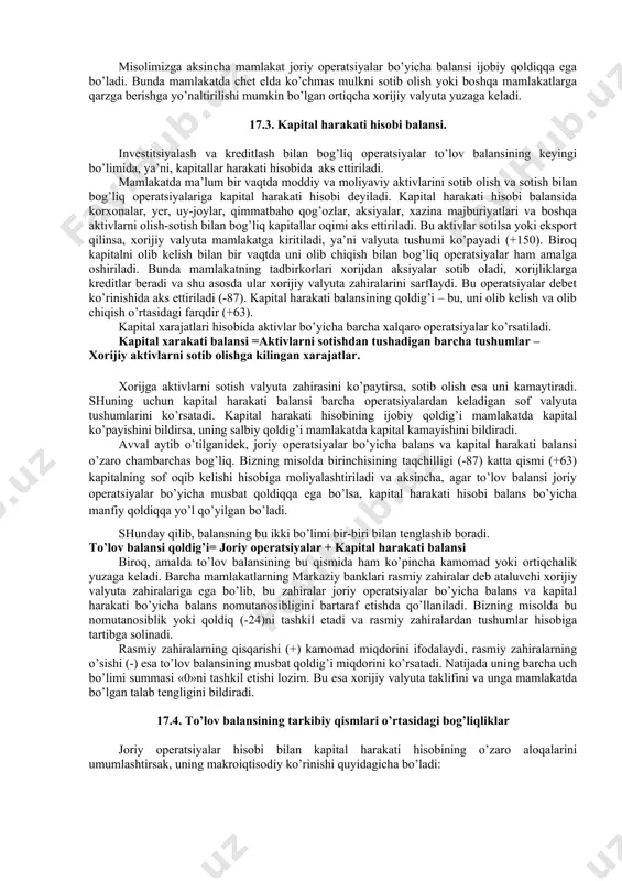 akatda trasport va sug’urta kompaniyalari ko’rsatadigan xizmatlar hajmiga qaraganda yuqoriroq va h.k. bu operatsiyalar bo’yicha ham balans salbiy qoldiqqa ega (-12). investitsiyalardan daromadlar, foizlar va dividendlar bo’yicha to’lovlarni o’z ichiga oladi. agar xorijga qo’yilgan milliy kapital uchun chet to’lovlari bo’yicha tushumlar mamlakat iqtisodiyotiga jalb etilgan xorijiy kapital uchun to’lanadigan to’lovlar miqdoridan ko’p bo’lsa, unda sof daromad musbat bo’ladi (+8). transfert ko’rinishida pul o’tkazishlar shu mamlakatlarning xorijda yashayotgan fuqarolariga to’lanidagan nafaqalarni, muhojirlarning xorijdagi o’z qarindoshlariga pul o’tkazmalari, turli ko’rinishdagi hukumat yordamlarini o’z ichiga oladi. jadvaldan ko’rinib turibdiki, xorijga jo’natilayotgan pul o’tkazishlar miqdori olinayotganiga nisbatan yuqori, ya’ni, operatsiyalar mamlakatdagi xorijiy valyuta zahiralarini kamaytiradi (-8). joriy hisoblar bo’yicha barcha operatsiyalar yig’indisi joriy operatsiyalar balansini tashkil etadi. bizning misolda u salbiy (-87). bu esa mamlakatda import operatsiyalari natijasida xorijiy valyutaga bo’lgan talab uning eksport operatsiyalari ta’minlaydigan taklifdan ortiq bo’lishini anglatadi. boshqacha aytganda, ushbu holda mamlakat to’lov balansi joriy operatsiyalar bo’yicha kamomadga ega. makroiqtisodiy modellarda …