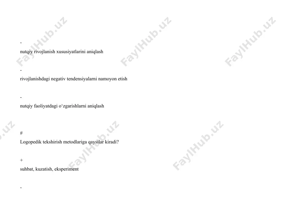 shli, haddan tashqari uyatchang\qo‘rqoq bo‘lsa, tekshiruv jarayoni ... + ota-ona ishtirokida o‘tkaziladi - ota-ona tomonidan o‘tkaziladi - tekshiruv o‘tkazilmaydi - tekshirish ota-ona tomonidan o‘tkazilib, logoped nazorat qiladi # individual va differensial yondashuv tamoyili nimani nazarda tutadi? + berilayotgan material bolaning ruhiy-nutqiy rivojlanish darajasi, shaxs xususiyatlari, ijtimoiy qamroviga mos kelishini - nutq shakllari va funksiyalarining paydo bo‘lish ketma-ketligini o‘rganishni - faoliyatning barcha turlarini qamrab olishni - bolaning nutqiy rivojlanishidagi nuqsonlarni aniqlab, so‘ng ushbu muammolarni chuqurroq ko‘rib chiqishni # retseptiv nutq faoliyatida qaysi jihatlar tekshiriladi? + tinglash va o‘qish - o‘qish va yozish - og‘zaki va yozma nutq - monologik va dialogik nutq # yozma nutq kimlarda tekshiriladi? + yozish tajribasiga ega maktab o‘quvchilarida - barcha sinflardagi maktab o‘quvchilarida - boshlang‘ich sinf o‘quvchilarida - tayyorlov guruhlari o‘quvchilarida # logopedik tekshiruv jarayonida materiallar qanday ko‘rinishda taqdim etiladi? + murakkabdan oddiyga qarab - oddiydan murakkabga qarab - avval bolaga tanish bo‘lgan material berialdi - …