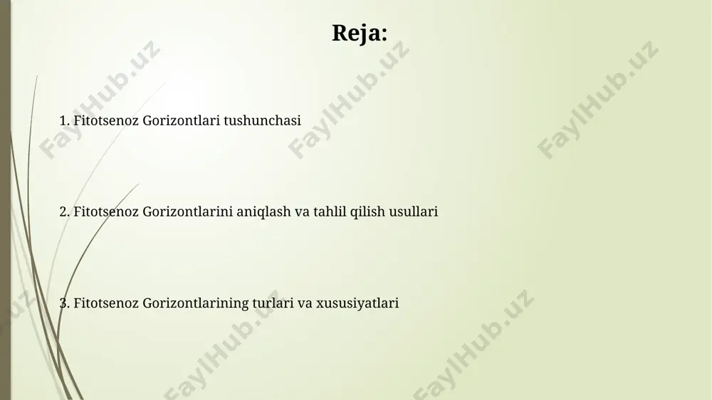 ologiyasi va 3d modellashtirish kabi zamonaviy usullar qo'llanilib, gorizont chegaralarini 1-2 sm aniqlikda aniqlash mumkin. o'simliklarning vertikal taqsimlanishini o'rganishda, fotosintez intensivligini o'lchash va spektral tahlil usullari bilan birga, har bir gorizontdagi 100 ta o'simlik namunasi tahlil qilinadi. gorizontlarning ekologik ahamiyati gorizontlar o'simliklarning 1-3 yillik rivojlanish bosqichlarini aniqlashga, biomasa hosildorligini 20-30% ga oshirishga va tuproq unumdorligini yaxshilashga yordam beradi. gorizontlarni o'rganish, 100 dan ortiq o'simlik turlarining tarqalishini va ularning o'zaro munosabatlarini tushunishga, shuningdek, ekologik muvozanatni saqlashga yordam beradi. fitotsenoz gorizontlari tushunchasi fitotsenoz gorizontlarini aniqlashda floristik tarkib, oʻsimliklarning hayot formalari va biomassasi kabi ko'rsatkichlardan foydalaniladi, bu esa jamiyatning umumiy tuzilishini o'rganishga yordam beradi. har bir fitotsenoz gorizonti balandligi, yorugʻlik sharoiti, tuproqning tarkibi va namligi kabi omillarga bogʻliq holda oʻzgarib turadi, masalan, oʻrmon fitotsenozida 3 ta asosiy gorizont ajratiladi. e'tiboringiz uchun rahmat @taqdimot_robot image1.jpg image2.jpg image3.jpg image4.jpg image5.jpg image6.jpg image7.jpg