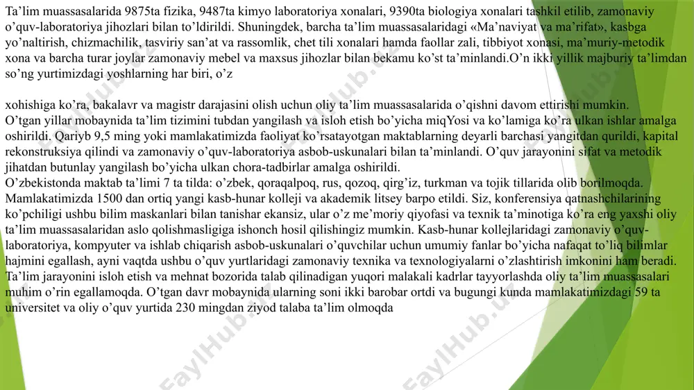 ktik parametrlarini aniqlash. 5. yangi o’quv predmeti va o’quv kurslarini o’qitishning yo’lga qo’yilishi. 6. hamkorlikda o’qitish va mustaqil ta’limning ommalashuvi. 7. ta’lim olganlikni tashxis etishning yangi vositalari (reyting tizimi, monitoring)ning amaliyotga tatbiq etilishi. v. tarbiya jarayonida ijtimoiy jamoatchilik ta’sirining kuchayishi. 1. tarbiya jarayonida oila-mahalla-ta’lim muassasasi hamkorligining rivojlanishi. 2. tarbiya jarayonida nodavlat va notijorat tashkilotlar hamkorligining yo’lga qo’yilishi. 3. tarbiya jarayonida ommaviy axborot va milliymedia vositalarining imkoniyatlaridan keng foydalanish. vi. pedagog kadrlarni kasbiy jihatdan tayyorlashning yangi tizimiga asos solinishi. 1. pedagog kadrlarni tayyorlash, qayta tayyorlash va malakasini oshirish tizimining isloh etilishi. 2. pedagog kadrlarni uzluksiz tarzda mahoratlarini oshirib borish tizimining amalga oshirilishi. vii. ta’lim sohasida xalqaro hamkorlikning yo’lga qo’yilishi. 1. pedagog kadrlarning rivojlangan xorijiy davlatlarda kasbiy malakalarining oshirishlari uchun zarur shart-sharoit yaratish. 2. talabalarning o’zlarining tanlagan sohalari bo’yicha chet elda ta’lim olishlarini tashkil etish. 3. uzluksiz ta’lim tizimida xalqaro donor tashkilotlari xizmatlaridan foydalanishning huquqiy asoslarining ishlab chiqilishi. 4. o’zaro tajriba almashinuv …