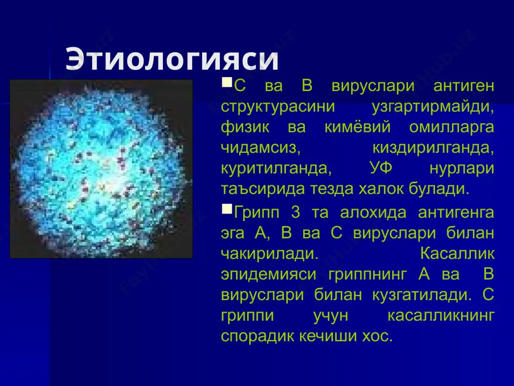 махал кунига ёшга караб. гриппга карши юкори антителолар сакловчи нормал донор иммуноглобулини: 2 ёшгача болаларга 1,5 мл, 2 ёшдан 7 ёшгача-3 мл, 7 ёшдан кейин ва катталарга-4,5-6 мл.м/о. этиотроп терапия одам лейкоцитар интерферони (чли) интраназал 3-5 томчидан 4 марта кунига (2-3 ампулы чли, 3-5 мл кайнатилган ёки дистилланган сувда эритилади (ингалятор ип-2) этиотроп терапия 7 ёшгача болаларга виферон-1, 7 ёшдан катталарга виферон -2. хар куни 1 суппозитория хар 12 соатда 5 кун давомида. амиксин, арбидол овкатдан кейин ёшига караб гриппнинг носпецифик профилактикаси беморни уз вактида 7 кунга ажратиш. уй шариотида беморни алохида хонада ажратиш. хоналарни тез-тез шамоллаттириб туриш. бемор билан мулокотни камайтириш. беморга факат 4-6 каватли докали никобда хизмат курсатиш. гриппнинг носпецифик профилактикаси специфик профилактика грипп профилактикасида ишлатиладиган гриппга карши вакциналар авлоди бутунвирионли вакциналар гемагглютинин нейраминидаза липидли кавати ички антигенлар сплит вакциналар ички антигенлар гемагглютинин нейраминидаза субъединик вакциналар гемагглютинин нейраминидаза know how вакцины инфлювак субъединицы в виде сфероподобных «розеток» обеспечивают …