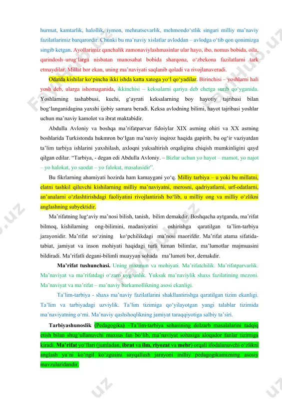 omuslilik, to‘g‘rilik, rejalilik, poklik, sabr-andishalik, vazminlik, hojatbarorlik, ota-ona va kattalarni hurmat qilish, mehnatsevarlik, o‘tmishga hurmat, insoflilik, iymonlilik, milliy g‘urur, mustaqillikni qadrlash, vatanparvarlik, millatparvarlik va boshqa milliy, ma’naviy axloqiy fazilatlar kiradi. o‘zbeklarning milliy ma’naviyati, erkak va ayollarning o‘ziga xos sharqona axloqiy fazilatlari, ota-ona, farzandlar, qo‘ni-qo‘shnilar, mahalla–ko‘y aloqalari, halollik, iymon, vijdon bilan bog‘liq ma’naviyati faqat o‘tmish sadosi emas, balki hozirgi kun uchun ham xosdir. o‘zga millatlarni ma’naviy qadriyatlari qanchalik ta’sir ko‘rsatmasin kattalarga, ota-onaga hurmat, kamtarlik, halollik, iymon, mehnatsevarlik, mehmondo‘stlik singari milliy ma’naviy fazilatlarimiz barqarordir. chunki bu ma’naviy xislatlar avloddan – avlodga o‘tib qon qonimizga singib ketgan. ayollarimiz qanchalik zamonaviylashmasinlar ular hayo, ibo, nomus bobida, oila, qarindosh–urug‘larga nisbatan munosabat bobida sharqona, o‘zbekona fazilatlarni tark etmaydilar. millat bor ekan, uning ma’naviyati saqlanib qoladi va rivojlanaveradi. odatda kishilar ko‘pincha ikki ishda katta xatoga yo‘l qo‘yadilar. birinchisi – yoshlarni hali yosh deb, ularga ishomaganida, ikkinchisi – keksalarni qariya deb chetga surib qo‘yganida. yoshlarning tashabbusi, kuchi, g‘ayrati …