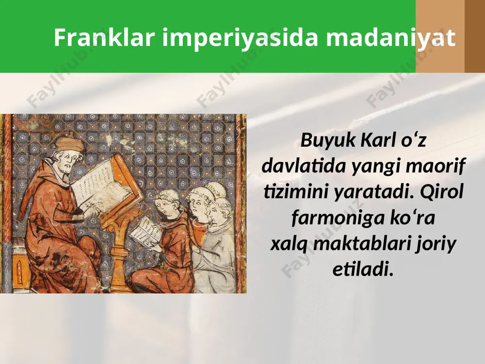 datxonasi. xi asr savol va topshiriqlar 1. internet orqali yoki «o‘zbekiston milliy ensiklopediyasi »dan yunonlarning platon akademiyasidan tashqari yana qanday akademiyalari bo‘lganligini aniqlang. 2. mavzuda keltirilgan vizantiyada yuksalgan tasviriy san’at turlarini 35, 38-rasmlarga qanday aloqadorligini so‘zlab bering. 3. sizningcha, o‘rta asrlar qadimgi yunon-rim maktablari bilan hozirgi maktablar o‘rtasida qanday o‘xshash va farqli jihatlar bor? 4. lotin va kirill yozuvlarini 6-sinf tarix darsligi ma’lumotlari asosida tahlil qilib, ular qanday umumiylikka ega ekanligini ko‘rsating. 5. sizningcha, slavyan yozuvi va kiyev rusi madaniyatining tarixiy ildizlari qaysi mamlakat bilan bog‘liq? image2.jpg image3.jpeg image4.jpeg image5.jpeg image6.jpeg image7.jpeg image8.jpeg image9.emf image10.jpeg image11.emf image12.emf image13.jpeg image14.jpeg image15.emf image1.jpg