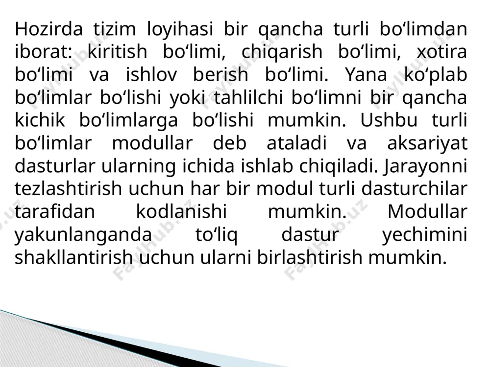 i va xatoni to‘g‘rilash ularning vazifasiga kiradi. soʻng, xato tuzatilganini tekshirish maqsadida ijobiy natija bermagan muayyan sinov qayta bajariladi. birlik sinovi yakunlanganidan keyin modullar integratsion sinov uchun jamlanadi. bu bosqichda barcha modullar birbiri bilan toʻliq muvofiqlashganini tekshirib loyihaning toʻliq funksionalligi va ishlashini sinovdan oʻtkazish mumkin. sinov davomida ham sinov maʼlumotlari, ham haqiqiy maʼlumotlardan foydalanish kerak. sinov maʼlumotlari qayta ishlovning muayyan qism ishlayotganini sinash uchun maxsus tayyorlanadi. 100 ballik imtihon baholarini kiritish imkonini beruvchi tizim bunga yaxshi misol boʻla oladi. tekshirish funksiyasini sinovdan oʻtkazish 100 dan katta boʻlgan baholarning rad etilishini taʼminlaydi. tekshirish funksiyasining ishlashini sinovda koʻrish uchun 105 bahosini kiritib, natijani koʻrish kerak sinov maʼlumoti yechimning bir qismi boʻla oladigan me’yor chegarasidagi va 105 singari xato xabarni koʻrsatuvchi ayrim maʼlumotlarni oʻz ichiga olishi kerak. bu kabi sinov maʼlumotlari mos ravishda oddiy, ekstremal va gʻayrioddiy maʼlumotlar deb nomlanadi. maʼlumot hajmi kabi omillar tizim samaradorligini pasaytirmasligi uchun haqiqiy maʼlumotlardan foydalaniladi. sinov maʼlumotlarini …