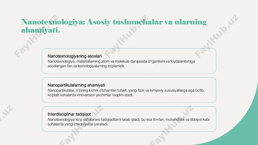 'zbekistonda nanotexnologiya 2000-yillarning boshlarida rivojlana boshladi. dastlabki tadqiqotlar ilmiy-tadqiqot institutlarida amalga oshirildi. 2 mahalliy kashfiyotlar o'zbek olimlari nanotexnologiyalar sohasida bir qator muhim kashfiyotlarni amalga oshirgan. ular nanomateriallar va nanoqoplamalar ishlab chiqarishga e'tibor qaratdi. 3 global hamkorlik o'zbekiston xalqaro ilmiy tashkilotlar bilan hamkorlikda nanotexnologiyalar bo'yicha loyihalar olib bormoqda. bu global rivojlanishga katta hissa qo'shadi. 4 kelajak istiqbollari o'zbekistonda nanotexnologiyalarni rivojlantirish yo'nalishlari energiya, tibbiyot va atrof-muhitni muhofaza qilish sohalarida yangi imkoniyatlar yaratadi. nanotexnologiyaning tibbiyot sohasidagi innovatsion yechimlari. 1 nanotexnologiyalar va tibbiyot nanotexnologiyalar tibbiyot sohasida yangi davrni boshlab berdi, kasalliklarni aniqlash va davolashda yuqori samaradorlikni ta'minlaydi. 2 diagnostika innovatsiyalari nanotexnologiyalar yordamida yaratilgan nanoqurilmalar, masalan, biosensorlar, kasalliklarni erta aniqlashda va tezkor natijalar olishda muhim rol o'ynaydi. 3 dori vositalarini yaxshilash nanotexnologiyalar dori vositalarini maqsadli yetkazishda, uning bioavailability'sini oshirishda va yon ta'sirlarni kamaytirishda innovatsion yechimlar taklif qiladi. energiya samaradorligi: nanotexnologiyaning imkoniyatlari. 1 nanotexnologiyalarning roli - nanotexnologiyalar energiya samaradorligini oshirishda muhim ahamiyatga ega. ular ilg'or materiallar …