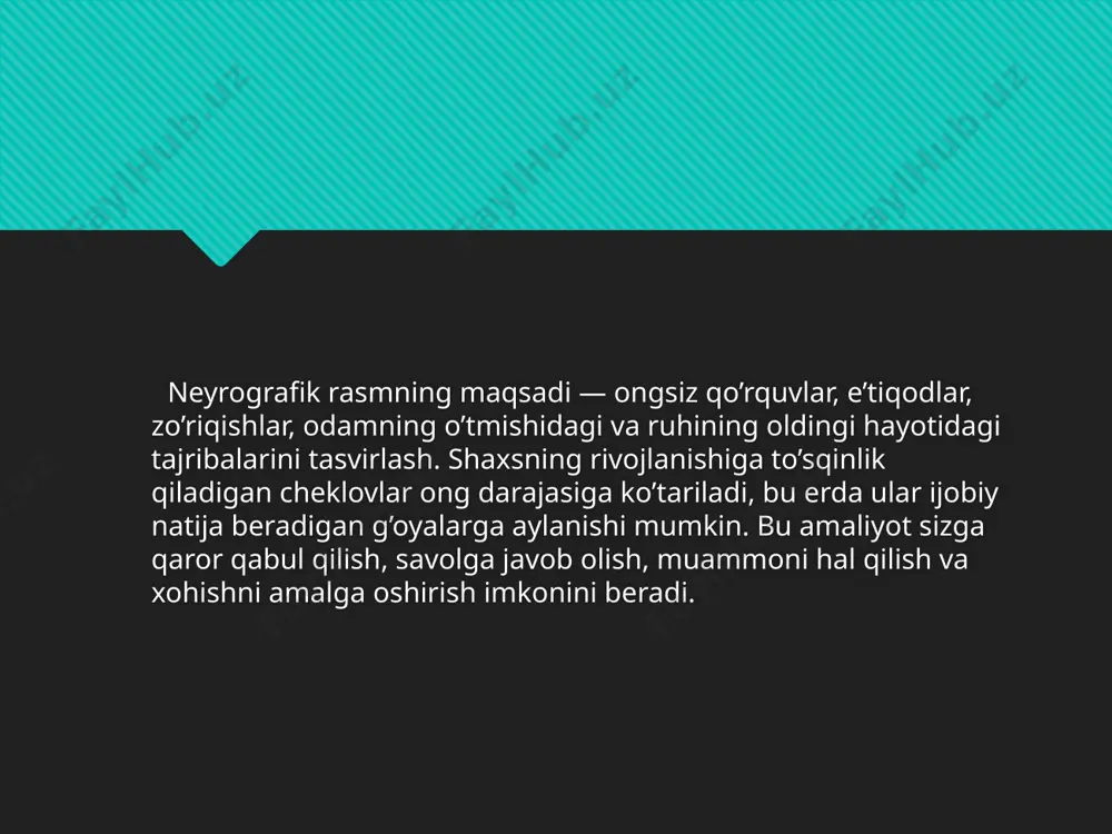 hal qilishga yordam beradigan ijobiy energiyani chiqarishga yordam beradi. biz rasmning asosiy chiziqlarini aniqlaymiz va chizamiz. bu erda birinchi bosqichda hal qilib bo'lmaydigandek tuyulgan muammodan yoki uning echimidan xalos bo'lish keladi. hissiy holatdagi o'zgarishlarni baholang. agar inson bu bosqichda yengillik va ozodlikni his qilgan bo'lsa, demak, maqsadga erishildi. agar ichki tinchlik va uyg'unlik hissi kelmagan bo'lsa, unda barcha raqamlar va chiziqlar ustiga har xil o'lchamdagi ko'plab doiralarni chizishingiz kerak. bu birinchi bosqichda e'lon qilingan mavzu tufayli yuzaga keladigan ichki keskinlik darajasini kamaytirishga yordam beradi. ilgari hech qachon rasm chizish bilan shug'ullanmaganlarning ko'pchiligi, asosiy kasbiy faoliyatidan qat'i nazar, nevrografiyaga osonlik bilan qaram bo'lishadi. neyrografikaning afzalliklari mavjudligi. neyrografiya maxsus shartlarni talab qilmaydi, faqat jarayonga e'tibor berish uchun sukunat. oddiylik. maxsus chizmachilik qobiliyatlari kerak emas, chunki oddiy shakllar qo'llaniladi: doira, uchburchak va kvadrat. asosiysi, his-tuyg'ularni, muammolar va holatlarni qog'ozda ifodalash. tezlik. oddiy so'rovlar bilan bir necha soat ichida ishlash mumkin. neyrografikaning kamchiliklari usulning …