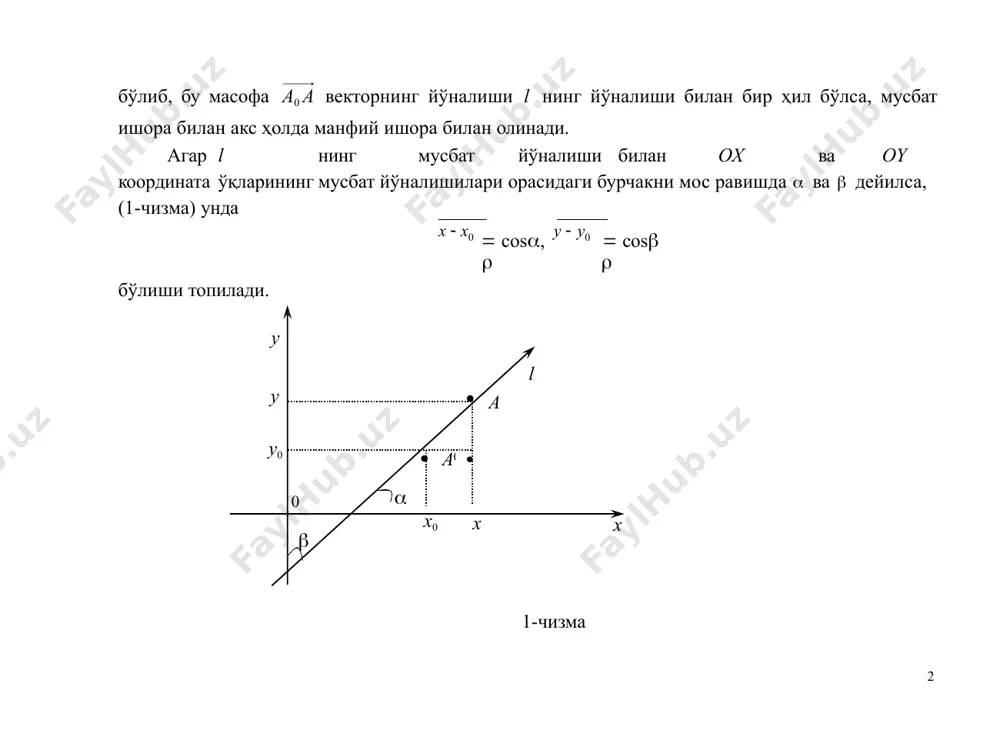  ,   x, y , 0,0  x2  x2 tg 2  x 1 tg 2 3 2 бўлади. унда берилган функцининг 0,0 нуқтадаги    бўлган ихтиёрий йўналиш бўйича ҳосиласи, таърифга биноан 3 tg  x 1  tg 2  x  l  0 0  f 0,0 lim f x, y  f 0,0 lim бўлади. 2 2 агар       бўлса, унда x  0 , x  x бўлиб, 3 tg 1  tg 2   l  f 0,0 бўлади. 2 2 агар     3 бўлса, унда x  0 , x  x бўлиб, 3 tg 4 1  tg 2   l  f 0,0 бўлади. 2 айтайлик,    бўлсин. бу ҳолда x  0 , f 0, y0 бўлиб, бу йўналишлар бўйича ҳосила  f …