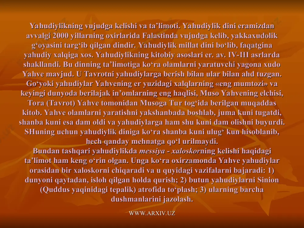 im avstriyalik yahudiy jurnalist t. hertslning (theoder herzl; 1860-1904) nemis tilidagi «yahudiylar davlati» (der judenstaat) risolasi asosida xix asr oxirlarida tuzilgan. sionizm ilk davrda ravvinlar tomonidan qo’llab quvvatlangan. www.arxiv.uz www.arxiv.uz yahudiylik manbalari. talmud (qad. yahud. tilida lameyd - o‘rganish) miloddan avvalgi iv asrlarda vujudga kelgan va yozma toradan farqli o‘laroq, avloddan-avlodga og‘zaki ravishda o‘tib borgan. shuning uchun torani yozma qonun, talmudni esa og‘zaki qonun deb yuritilgan. talmud mishna va gemara kitoblari majmuasi bo‘lib, mishna ravvinlar tomonidan tavrotga yozilgan sharhlar, gemara esa mishnaga yozilgan sharhlardan iborat. talmudning falastin (o‘rshalim) va vavilon (bavliy) nusxalari mavjud. o‘rshalim talmudi eramizning iii asrlarida bavliy talmudi eramizning v asrida tahrir qilingan. unda ilgari yahudiylar uchun noma’lum bo‘lgan o‘ziga xos esxatologik (ya’ni oxirat, qiyomat, marhumlarning tirilishi, u dunyodagi ajr va jazo) tasavvurlar o‘z aksini topgan. talmudda yahudiylikning marosimlari, urf-odatlari aniq bayon etilgan bo‘lib, ular 248 ta vasiyat va 365 ta taqiqni o‘z ichiga oladi. shuningdek, unda qadimiy …