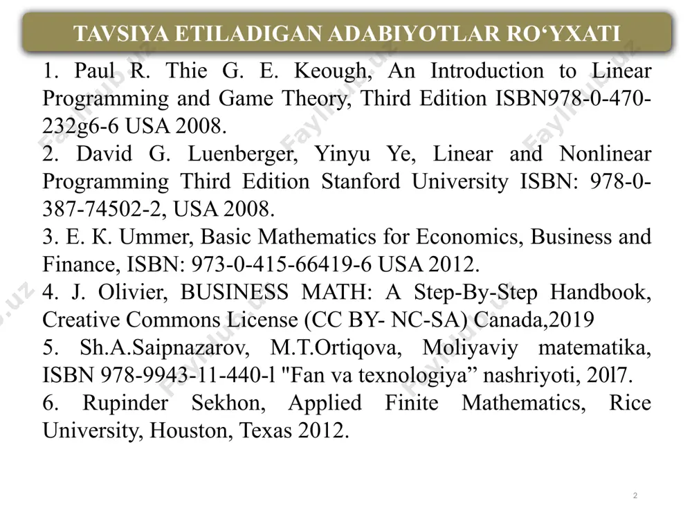 salalarining umumiy ko’rinishi agar berilgan shartlarda ma‘lum bir ozuqa moddasini aynan biror o’zgarmas kg bo’lsin deb berilgan bo’lsa, tengsizlikning o’rnida tenglama qatnashadi. demak сhiziqli dasturlashtirish masalalarining cheklanishlar sistemasida tenglamalar xam, tengsizliklar xam qatnashishi mumkin ekan. chiziqli dasturlashtirish masalalarining umumiy ko’rinishi quyidagicha bo’ladi: z=c1 x1 +c2 x2 +...+cn xn funktsiyaning a11 x1 +a12 x2 +...+a1n xn ≤b1 a21 x1 +a22 x2 +...+a2n xn b2 ....................................... am1 x1 +am2 x2 +...+amn xn =bm cheklanishlar sistemasini qanoatlantiradigan minimum (maksimum) qiymati topilsin. bu yerda cheklanishlar sistemasida tenglik va tengsizliklar qatnashayapdi. 5 cheklanishlar sistemasini tenglamalarga olib kelish. tengsizliklar sistemasini yechish ancha murakkab bo’lgani uchun, tengsizliklardan tenglamalarga o‘tiladi va tenglamalar sistemasi yechiladi. bu usul chiziqli dasturlashtirish masalalarini yechishda ko‘p qo‘llaniladi. a1x1+a2x2+...+anxn ≤ b1 tengsizlikning chap tomoniga ma‘lum бир manfiy bo‘lmagan xn+10 kattalikni qo‘shish yordamida tenglamaga keltirish mumkin. a1x1+a2x2+...+anxn+xn+1=b1 manfiy bo‘lmagan xn+10 tengsizlikni tenglamaga aylantirdi va u qo‘shimcha noma’lum deb yuritildi. 6 chiziqli dasturlashtirish masalasining kanonik ko’rinishi …