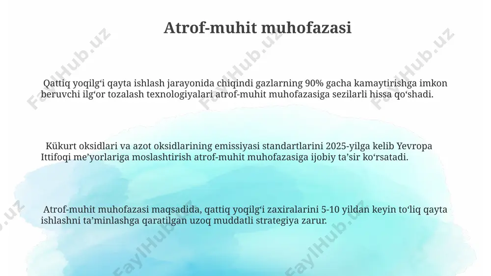 ralig'ida optimal natijalar beradi, bu esa yonuvchanlik va mustahkamlikni oshiradi. maydalash va sıralama jarayonlari maydalash va sıralama jarayonlarining samaradorligini baholash uchun, zarrachalar o'lchamining taqsimlanishi, ya'ni d10, d50 va d90 parametrlari tahlil qilinadi, bu esa optimal jarayon parametrlarini aniqlashga yordam beradi. sıralama jarayoni, 1-3 mm o'lchamdagi zarrachalarni ajratib olish uchun elaklardan foydalanishni o'z ichiga oladi, bu esa yonish samaradorligini oshirishga yordam beradi va katta zarrachalarni qayta maydalashga yuborish imkonini beradi. maydalash jarayonida, 90% dan ortiq zarrachalar o'lchami 100 mikrometrdan kichik bo'lishiga erishish uchun, turli xil maydalash usullarini, masalan, bolg'ali maydalagichlar va rulonli maydalagichlardan foydalanish mumkin. qattiq yoqilgʻini tayyorlash usullari qattiq yoqilgʻini briketlash jarayoni 150-200°c haroratda, 10-15 mpa bosim ostida amalga oshiriladi, bu esa yonish samaradorligini 20% ga oshiradi. kokslash jarayonida 900-1000°c haroratda, kislorodsiz muhitda koʻmirning qattiqlashuvi va gazlarning ajralishi sodir boʻlib, yuqori kalorili koks hosil boʻladi. maydalash va klassifikatsiya qilish jarayonlari yordamida yoqilgʻi zarrachalarining oʻlchami 0,5-5 mm gacha oʻzgartiriladi, bu esa …