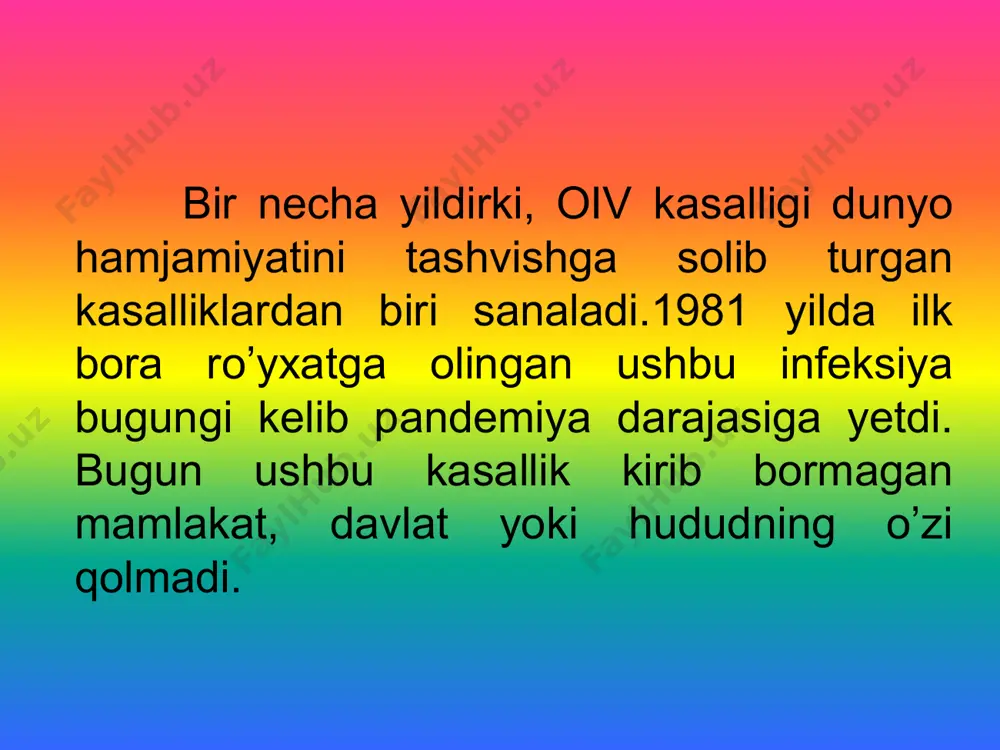 – azitotimidinning (azt) birinchi sinovlari boshlandi. mazkur dori kasallikni butunlay tuzatmasa ham, kasallik rivojlanishini sekinlashtiradi. 1987 yil- butunjahon sog’liqni saqlash tashkilotining oits bo’yicha global dasturi ishlab chiqildi. 1988 yil- bmt tomonidan 1dekabr –xalqaro oits ga qarshi kurash kuni deb e’lon qilindi. 1989 yilda aholini va barcha donorlik qonlarini ommaviy majburiy ko’rikdan o’tkazilganligiga qaramasdan, elista va rossiyaning janubidagi boshqa shaharlarda deyarli 250 bolaga immunitet taqchilligi virusi yuqqanligi ma’lum bo’ldi. 1996 yil-oits bo’yicha vankuverda o’tgan xalqaro konferensiyada oitsga qarshi yangi dori vositalari yaratilgani ma’lum qilindi. 2001 yil- bmt bosh assambleyasi oitsga qarshi “global inqiroz-global harakat” dasturini e’lon qildi. oits qanday yuqadi? oits kasalligining yuqish yo`llari juda xilma-xil. virus bemor odam organizmidagi hamma biologik suyuqliklar - qon, sperma, qin ajratmasi va ko’krak sutida uchraydi. shuni ham ta’kidlash zarurki, u so’lak, ko’z yoshi, ter, siydik va najasda ham aniqlangan, lekin ularda virus konsentratsiyasi juda kam miqdorda bo’lgani sababli, kasallik chaqirish qobiliyatiga ega emas. kasallik …