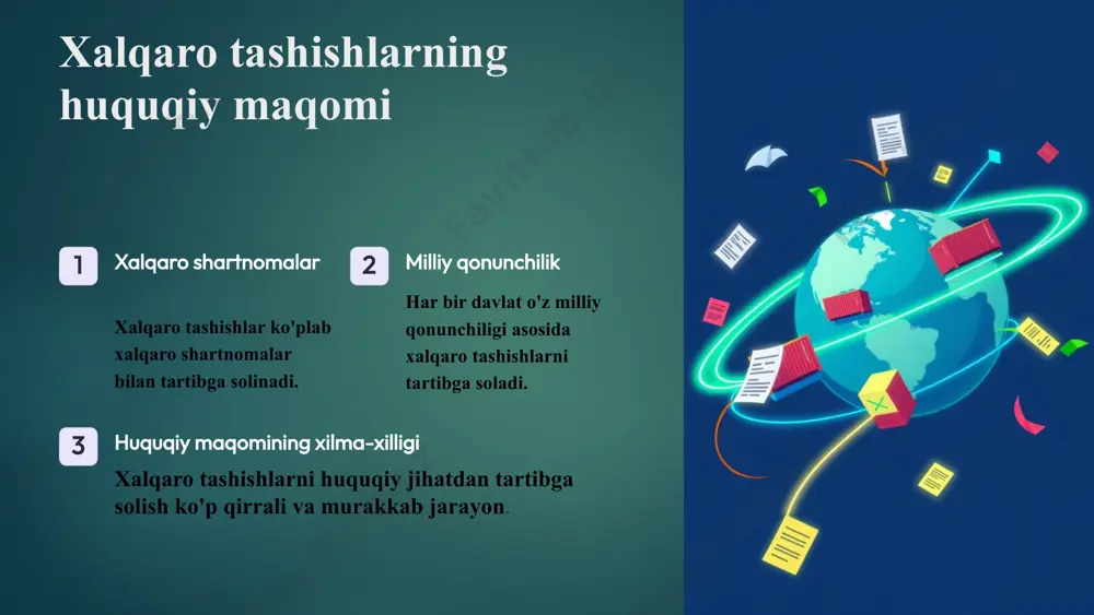 xalqaro tashishlar sohasidagi nizolarni hal qilish muzokara tomonlar o'rtasida muzokara orqali nizolarni hal qilish. vasiylik tomonlar o'rtasida uchinchi shaxslarning vasiylik qilishi orqali nizolarni hal qilish. arbitraj tomonlar o'rtasida bitimlar yoki qonunlar asosida arbitraj orqali nizolarni hal qilish. 7 xalqaro tashishlar sohasidagi davlatlararo hamkorlik xalqaro konvensiyalar davlatlar o'rtasida xalqaro shartnomalar tuzish xalqaro standartlar xalqaro tashish jarayonlarini standartlashtirish bitimlar va kelishuvlar davlatlar o'rtasida tashish imtiyozlari bo'yicha kelishuvlar 8 xalqaro tashishlar sohasidagi innovatsiyalar va rivojlanish tendensiyalari avtomatlashtirish xalqaro tashish jarayonlarini avtomatlashtirish tendentsiyasi kuchaymoqda. raqamlashtirish xalqaro tashish jarayonlarini raqamlashtirish va faqat elektron belgilar bilan amalga oshirish. ekologik yechimlar xalqaro tashishlarning ekologik ta'sirini kamaytirish uchun yechimlar qo'llanilmoqda. 9 xulosa va tavsiyalar 1 xalqaro tashishlarni huquqiy jihatdan tartibga solish xalqaro tashishlarni huquqiy jihatdan tartibga solish katta ahamiyatga ega va davlatlar hamkorligini talab qiladi. 2 xalqaro konvensiyalar va standartlar xalqaro tashish jarayonlarini tartibga solish uchun xalqaro konvensiyalar va standartlarni qo'llash muhim. 3 innovatsiya va raqamlashtirish xalqaro tashishlar …