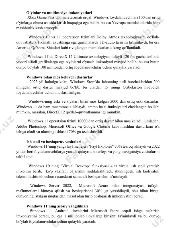 bo'lib, bu esa yevropa mamlakatlarida ham mashhurlik kasb etmoqda. windows 10 va 11 operatsion tizimlari dolby atmos texnologiyasini qo'llab-quvvatlab, 7.1 kanalli akustikaga ega qurilmalarda 3d-audio ta'sirini ta'minlaydi, bu esa amerika qo'shma shtatlari kabi rivojlangan mamlakatlarda keng qo'llaniladi. windows 11’da directx 12 ultimate texnologiyasi tufayli 120 fps gacha tezlikda yuqori sifatli grafikalarga ega o'yinlarni o'ynash imkoniyati mavjud bo'lib, bu esa butun dunyo bo'ylab 100 milliondan ortiq foydalanuvchilar uchun qulaylik yaratadi. windows bilan mos keluvchi dasturlar 2023 yil holatiga ko'ra, windows store'da jahonning turli burchaklaridan 200 mingdan ortiq dastur mavjud bo'lib, bu ulardan 15 mingi o'zbekiston hududida foydalanuvchilar uchun moslashtirilgan. windows-ning eski versiyalari bilan mos kelgan 5000 dan ortiq eski dasturlar, windows 11 da ham muammosiz ishlaydi, ammo ba'zi funksiyalari cheklangan bo'lishi mumkin, masalan, directx 12 qo'llab-quvvatlanmasligi mumkin. windows 11 operatsion tizimi 10000 dan ortiq dastur bilan mos keladi, jumladan, adobe photoshop, microsoft office va google chrome kabi mashhur dasturlarni o'z ichiga …
