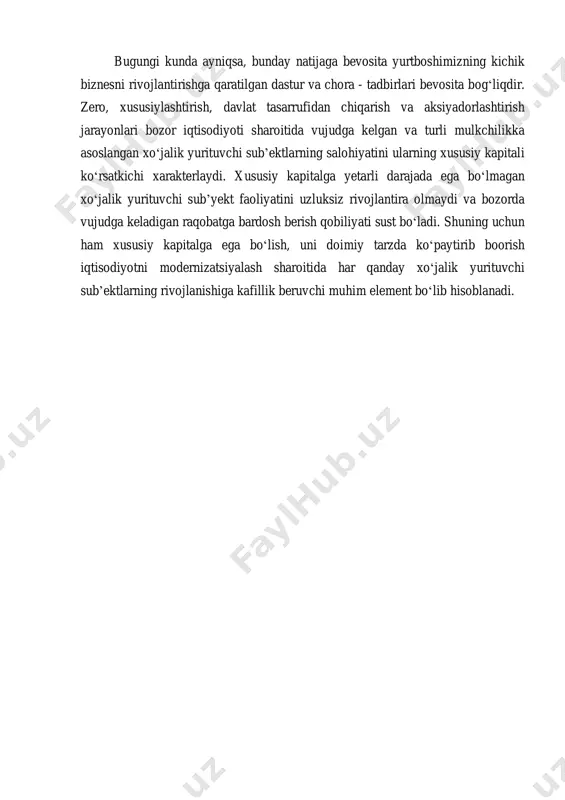 ning o’z mablag’lari yetarli bo’lsa o’z mablag’lar manbai hisobiga aks holda esa qarz mablag’lari hisobiga qoplaydi. iqtisodiyotni erkinlashtirish sharoitida har bir korxona o’z moliyaviy ehtiyojlarini o’zi mustaqil qondirishi mumkin. resurslarni ta’minlash manbai bo’lib, uning foydasi, qimmatbaho qog’ozlarini sotishdan kelgan tushum, aksionerlarning pay va boshqa to’lovlari, yuridik va jismoniy shaxslarning pay va boshqa to’lovlari hamda qonundan tashqari bo’lmagan holda kirim qilingan mablag’lar kiradi. bunday asosda kiritilgan mablag’lar korxona tashkilotlar uchun xususiy kapital deb qaraladi. xususiy kapital xisobi iqtisodiyotni erkinlashtirish sharoitida muhim ahamiyatga ega bo’lib, u korxonaning o’z qudratining darajasini qay darajada ekanligini bildiradi. bunday taraflarni e’tiborga olgan holda o’zbekiston respublikasi oliy majlisining birinchi chaqiriq 6-sessiyasida qabul qilingan «buxgalteriya hisobi to’g’risida”gi qonunda ham xususiy kapital hisobiga katta e’tibor berilgan. uning 16- moddasiga ko’ra moliyaviy hisobotlar tarkibida 5- shakl «xususiy kapital to’g’risida hisobot» deb nomlanib, bu shakl har yili boshqa hisobotlarga qo’shilgan holda yuqori organlarga topshirilishi lozim. xususiy kapital korxonaning o’z mablag’lari manbaining …