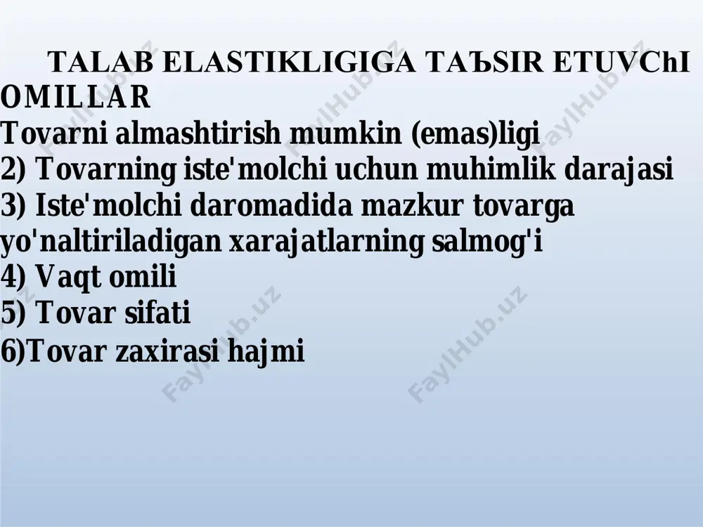 sbatan talab elastikligio’zgaruvchan ko’rsatkich bo’lsa, u holda past elastiklik uchastkalarida yalpi xarajatlar narxning o’sib boruvchi funksiyasi va yuqori elastiklik uchastkalarida qisqarib boruvchi funksiyasi bo’ladi. 4. narxga bog’liq taklif elastikligi q s  q s 2 1 q s es  1 p2  p1 тaklifning narxga ko’ra elastiklik кoifsentini hisoblash formulosi : q= a+bp s р 0 q chiziqli taklifda narxga bog'liq elastiklik koeffitsiyenti hisoblash formulasi e  b p s q vaqt va taklif elastikligi (a) davrda ishlab chiqaruvchilarda ishlab chiqarish hajmini o'zgartirishga vaqt juda kam bo'ldi, shuning uchun taklif mutlaq noyelastik bo'ladi. (b) davrda ishlab chikaruvchilarda ishlab chikarish hajmini o'zgartirishga kam vaqt bo'ldi, shuning uchun taklif tamomila noyelastik bo'ladi (a) (c) davda barcha almashtirishni (o'zgartirishni) amalaga oshirish uchun muxlat bo'ladi, zavod hajmida ham o'zgarishlarni aalaga oshirish mumkin bo'ladi va bu yerda taklif ham elastik bo'ladi . тaklif chizig’ini siljishiga olib keladigan determinantlar ishlab chiqarish texnologiyasi soliq va dotatsiyalar …