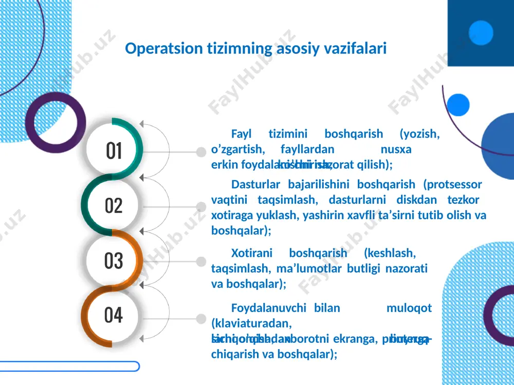 ʼldi. windows xpda «xp» «experience»(tajriba) maʼnosini anglatadi. windows xp operatsion tizimi – maykrosoft korporatsiyasi tomonidan 2006 yil 8 noyabrda yaratilgan. windows 7 operatsion tizimi – maykrosoft korporatsiyasi tomonidan 2009 yil 22 iyulda yaratilgan. windows 8 operatsion tizimi – maykrosoft korporatsiyasi tomonidan 2012 yil 1 avgustda yaratilgan. windows 10 operatsion tizimi – maykrosoft korporatsiyasi tomonidan 2015 yil 15 iyulda yaratilgan. windows server 2019 operatsion tizimi – maykrosoft korporatsiyasi tomonidan 2018 yil 20 mart kuni yaratilgan. unix operatsion tizimi unix operatsion tizimi – ilk bor unix operatsion tizimi bell laboratoriyasi tomonidan 1969 yili taklif qilingan. u asosiy tarmoqlarni boshqarish uchun moʼljallangan. shu sababli koʼpincha tarmoq operatsion tizimi deb yuritiladi. hozirgi kunda tilida yozilgan koʼpfoydalanuvchili va koʼpmasalali tizimdir. tizimning bosh tarkibiy qismi boʼlib unix, c++ operatsion mikrooʼzak hisoblanadi. uning ichiga tarmoqlararo uzatishni boshqarish bayonnomasini bajaruvchi modul joylashtirilgan. unix operatsion tizimi bir qancha ijobiy xislatlarga ega, ularga quydagilar kiradi: amaliy dasturlarni bir turdagi kompyuterdan …