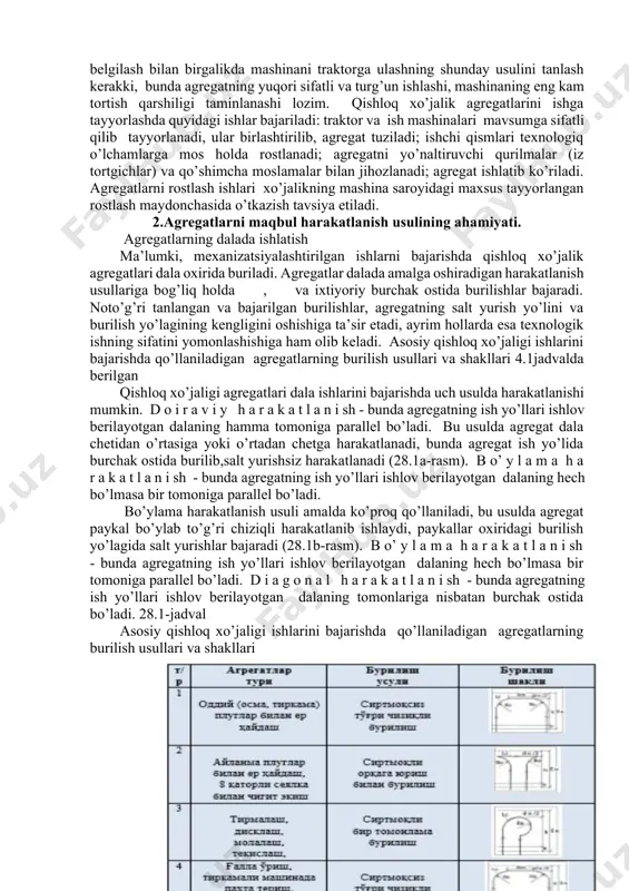 a yoki dala sharoitida ishlatib ko’riladi hamda uning ko’rsatgichlari baholanadi. to’g’ri tuzilgan agregat quyidagi: -texnologik ishlarning agrotexnika talablariga muvofiq yuqori sifatda bajarilishini; - aniq ish sharoitlariga, ya’ni ishlov beriladigan maydonning kattaligiga, ishlov beriladigan materiallarning holatiga mos kelishini; - dvigatel quvvatidan to’liq foydalanishni, qabul qilingan uzatmada traktorning tortish kuchidan yo’l qo’yilgan chegaralarda foydalanishni; - ishlov beriladigan maydon va yig’ishtirib olingan mahsulot birligiga eng kam mehnat, energiya va yoqilg’i sarflanishini; - chaqqonlik (manevr) xususiyatlarini va xizmat ko’rsatish qulayligini; - agregatda ishlaydigan mexanizator va yordamchi ishchilarga oid mehnat muhofazasi va tehnika havfsizligi talablariga javob berishini ta’minlash kerak. agregatni amalda tuzishda qishloq xo’jaligi mashinasi va traktorni to’g’ri tanlash hamda uning tezligini to’g’ri belgilash bilan birgalikda mashinani traktorga ulashning shunday usulini tanlash kerakki, bunda agregatning yuqori sifatli va turg’un ishlashi, mashinaning eng kam tortish qarshiligi taminlanashi lozim. qishloq xo’jalik agregatlarini ishga tayyorlashda quyidagi ishlar bajariladi: traktor va ish mashinalari mavsumga sifatli qilib tayyorlanadi, ular birlashtirilib, …
