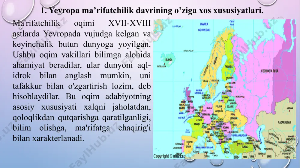 aytda, lo'ttibozlik, nayrangbozlik mujassam. a.r.lesaj 3. fransiyada ma’rifatchilik davri. ma'rifatchilik davri adabiyotidagi novatorlik faqat yangi fikrda emas, yangi shaklda ham namoyon bo'ldi. ma'rifatchilar mavjud shakllarga yangi ko'rinish, yangi mazmun baxsh etdilar. drama janri rivoji yangi bosqichga ko'tarildi. klassitsizm dramasining yuqori (tragediya) va quyi (komediya) janrga qo'yadigan talablaridan chetga chiqildi, drama qahramonlari oddiy kishilar, mavzusi esa zamonaviyligi bilan xarakterlanadi. ma'rifatchilik davri adabiyotining asosiy janri - roman vujudga keldi. ma'rifatchilik romani erkin janr bo'lib, qat'iy talablarga bo'ysunmas, makon va zamonda chegaralanmagan, asosiy tasvir obyekti real voqelik va shaxslar edi. russo o.goldsmit 4. nemis ma’rifatchilik davri. nemis adabiyoti ko'plab badiiy kashfiyotlari bilan ma'rifatchilikni yangi pog'onaga ko'tardilar. buni shillerning «vallenshteyn» tragediyasi va gyotening «faust» asari misolida ko'rish mumkin. shiller («insonni estetik tarbiyalash to'g'risida xatlar» asarida) va gyote («vilgelm maysterning talabalik yillari» romanida) «qashshoqlik va mulohaza» saltanatida yashovchi insonlarni san'at yordamida qayta tarbiyalash mumkin, deb hisoblaganlar. ma'rifatchilar hissiyotga ortiqcha berilishdan cho'chiganlar, russo, l.stern, o.goldsmit kabi …