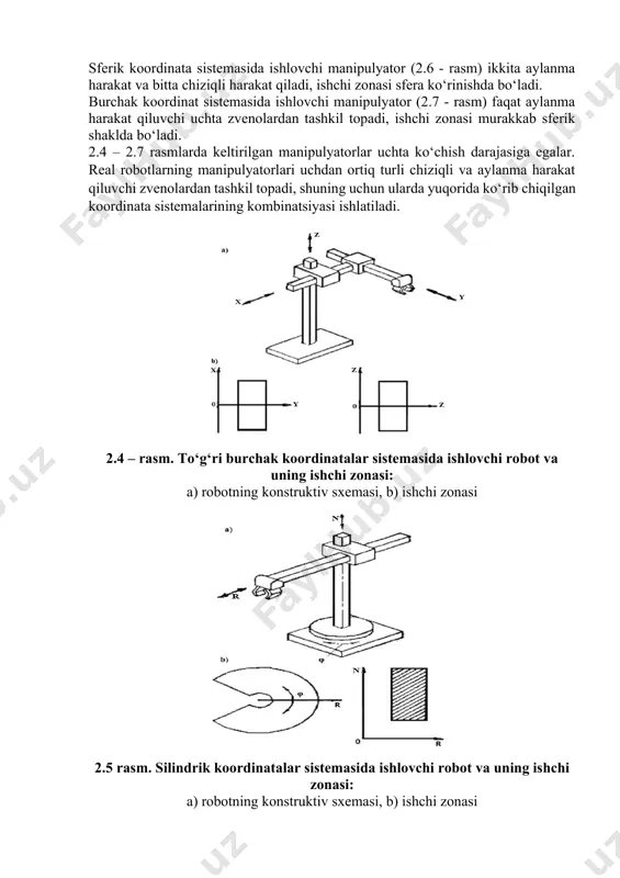 temasida ishlovchi manipulyator (2.7 - rasm) faqat aylanma harakat qiluvchi uchta zvenolardan tashkil topadi, ishchi zonasi murakkab sferik shaklda bo‘ladi. 2.4 – 2.7 rasmlarda keltirilgan manipulyatorlar uchta ko‘chish darajasiga egalar. real robotlarning manipulyatorlari uchdan ortiq turli chiziqli va aylanma harakat qiluvchi zvenolardan tashkil topadi, shuning uchun ularda yuqorida ko‘rib chiqilgan koordinata sistemalarining kombinatsiyasi ishlatiladi. 2.4 – rasm. to‘g‘ri burchak koordinatalar sistemasida ishlovchi robot va uning ishchi zonasi: a) robotning konstruktiv sxemasi, b) ishchi zonasi 2.5 rasm. silindrik koordinatalar sistemasida ishlovchi robot va uning ishchi zonasi: a) robotning konstruktiv sxemasi, b) ishchi zonasi 2.6 –rasm. sferik koordinatalar sistemasidagi robot va uning ishchi zonasi: a) robotning konstruktiv sxemasi, b) ishchi zonasi 2.7 rasm. burchak koordinatalar sistemasida ishlovchi robot va uning ishchi zonasi: a) robotning konstruktiv sxemasi, b) ishchi zonasi robot manipulyatorilarning kinematik komponovkalari sanoat robotlari manipulyatorlarining juda ko‘p har xil kinematik sxemalari mavjud, ular turli koordinatalar sistemalari bilan bog‘langan. 2.8 – 2.11 …