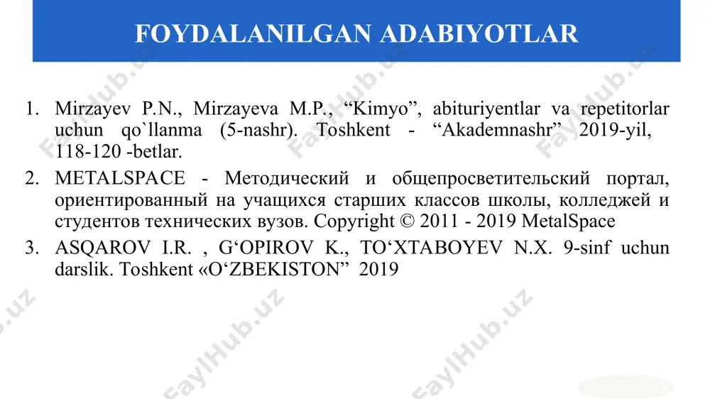 di kimyoviy xossalari cu 2cu2s + 3o2 →2cu2o + 2so2 cu2s + 2cu2o → 6cu + so2 ag sianlash usuli: ag2s + 4nacn → 2na[ag(cn)2] + na2s amalgamali usul 2na[ag(cn)2]+zn→2ag+na2[zn(cn)4]2 olinishi suv bilan yuvish usuli amalgamali usuli gidrometallurgik usuli au -olinishi cu ag au 50% mis elektrotexnikada sim, kabellar olishda ishlatiladi. znli qotishmalari jez, chaqa tangalar olishda, sn li qotishmasi - bronza uchqur chiqarmaydigan mashina kalitlari, zanglamaydigan kranlar olishda ishlatiladi. cu hayot uchun muhim mikroelement. cu birikmasi - gemotsianin tuban hayvonlarda, masalan, qisqichbaqani ko’kish (cu2+ ioni rangi) qonida o2 tashiydi. ag elektr kontaktlari, ko'zgu, archa o'yinchoqlari tayyorlashda ishlatiladi. ag, au mikroblami o'ldiradi. au zargarlikda, tibbiyotda, kosmetologiyada ishlatiladi. ishlatilishi va ahamiyati 1-keys topshirig’i. rangli metallar haqida buyuk bobokalonimiz abu rayhon beruniy o‘z asarlarida metall haqida quyidagilarni yozadi: «boshqa mamlakatlarda shunday miqdorda va tozalikda oltin beradigan kon yo‘q; biroq sahro va qumliklar yo‘lni qiyinlashtiradi. qayerda oltin bo‘lsa o‘sha yerda kumush ham bor». …