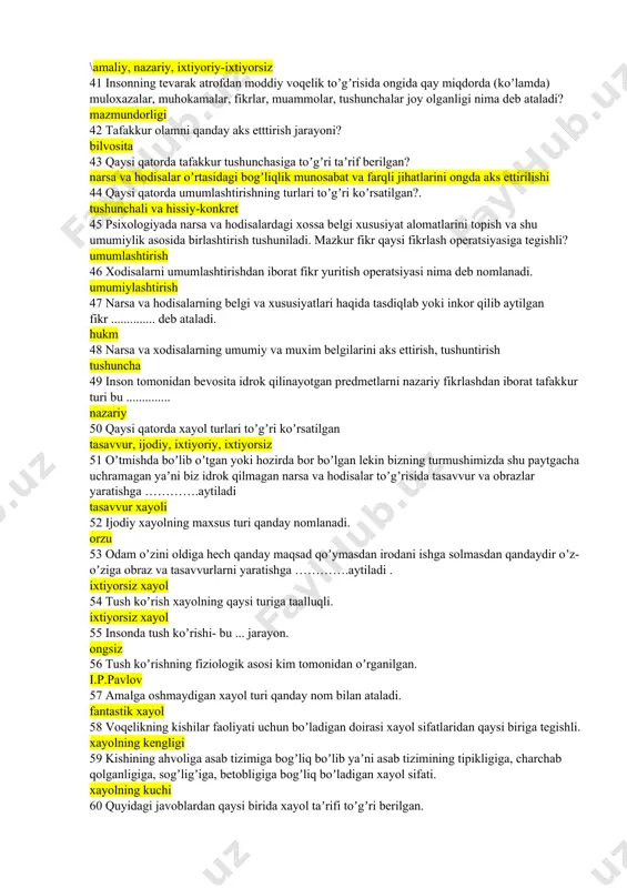 aks ettirish turlicha aniqlikda namoyon boʼlishi jahon psixologiyasida nima deb ataladi? barcha javoblar toʼgʼri 39 psixologiya fanida juda kam tadqiq qilingan idrok fenomenlaridan biri qaysi qatorda koʼrsatilgan yaqqol koʼrinish 40 topshiriq xarakteriga koʼra tafakkur turlari qaysi qatorda koʼrsatilgan? \amaliy, nazariy, ixtiyoriy-ixtiyorsiz 41 insonning tevarak atrofdan moddiy voqelik toʼgʼrisida ongida qay miqdorda (koʼlamda) muloxazalar, muhokamalar, fikrlar, muammolar, tushunchalar joy olganligi nima deb ataladi? mazmundorligi 42 tafakkur olamni qanday aks etttirish jarayoni? bilvosita 43 qaysi qatorda tafakkur tushunchasiga toʼgʼri taʼrif berilgan? narsa va hodisalar oʼrtasidagi bogʼliqlik munosabat va farqli jihatlarini ongda aks ettirilishi 44 qaysi qatorda umumlashtirishning turlari toʼgʼri koʼrsatilgan?. tushunchali va hissiy-konkret 45 psixologiyada narsa va hodisalardagi xossa belgi xususiyat alomatlarini topish va shu umumiylik asosida birlashtirish tushuniladi. mazkur fikr qaysi fikrlash operatsiyasiga tegishli? umumlashtirish 46 xodisalarni umumlashtirishdan iborat fikr yuritish operatsiyasi nima deb nomlanadi. umumiylashtirish 47 narsa va hodisalarning belgi va xususiyatlari haqida tasdiqlab yoki inkor qilib aytilgan fikr .............. …