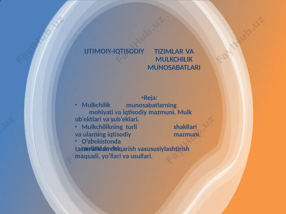 rativ xususiy mulk - bu birlashgan kishilar tomonidan korxonalar mulkni o’zlashtirilishi. davlat mulki – bu mulkka egalik qilish, foydalanish, o’zlashtirish va tasarruf qilish davlat ixtiyorida bo’lgan barcha mulk ob‘ektlaridan iborat. bu mulk asosan ikki yo’l bilan hosil bo’ladi: birinchisi, xususiy mol-mulk milliylashtirilib, davlat o’tkaziladi, ikkinchisi, davlat mablag’lari hisobidan ixtiyoriga korxonalar qurish, davlatga qarashli korxona va tashkilotlarga investitsiyalar kiritish. bunga misol qilib takror ishlab chiqarib bo’lmaydigan tabiiy resurslarni, yirik inshootlar va transport vositalari, yo’llarni ko’rsatish mumkin. ma‘muriy-xududiy (munitsipal) tuzilmalar mulkidan davlat hokimiyati mahalliy organlar mol-mulki, mahalliy byudjet mablag’lari, munitsipal uy-joy fondi va kommunal xo’jaligi va boshqa mulkiy majmualari, xalq ta‘limi, sog’liqni saqlash muassasalari kabi mol-mulki korxonalari madaniyat, bo’ladi. jamoa mulki – bu ixtiyoriy ravishda jamoaga birlashgan kishilar tomonidan moddiy va ma‘naviy boyliklarni yaratish va uni hamjihatlik bilan o’zlashtirilishidir. jamoa mulki davlat mulkini korxona jamoasi sotib olishi, badal to’lab korxona qurishi, aktsiya chiqarib uni sotish yo’llari bilan shakllanadi. jamoa mulkiga kooperativlarnig, ijara …