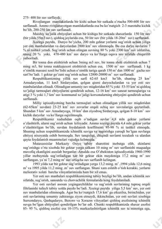 sport vositasi, ommaviy sport ishlarida kam foydalaniladi. shunday qilib suv kundalik hayotimizning hamma soxalarida qo’llaniladigan juda muhim universal tabiiy resursdir. o’zbekiston respublikasida umumiy suv resurslari. o’zingizga ma’lumki, respublikamizning asosiy suv manbalari–amudaryo, sirdaryo, zarafshon, qashqa- daryo, surxandaryo, oxangaron va chirchiq daryolari xisoblanadi. respublikamizda xammasi bo’lib 10-12 mlrd m3 oqar suv mavjud bo’lib, qolgan 85-90 mlrd m3 suv qo’shni mamlakatlar (xususan, tojikiston va qirgiziston) dan oqib keladi. amudaryo suv yig’ish maydoni va yillik suv xajmi jihatidan boshqa daryolardan yuqori turadi. amudaryoning uzunligi 1900 km, faqatgina tog’larda suv yig’ish maydoni 2770 km2 . amudaryoning qariyb 83% suvlari tojikiston xududida, faqatgina 6% suvi o’zbekiston xududida shakllanadi. sirdaryoning uzunligi 2140 km bo’lib, suv yig’ish maydoni 150 ming. km2 va yillik suv xajmi 37,1 km3 ni tashkil etadi. sirdaryoning qariyb 80% suvlari qirgiziston xududida, faqatgina 13% suvi respublikamiz xududida shakllanadi. shuni aloxida ta`kidlash kerakki, orol dengizi xavzasining suv resurslarining shakllanishiga tojikiston respublikasi aloxida o’rin tutadi. tojikiston …