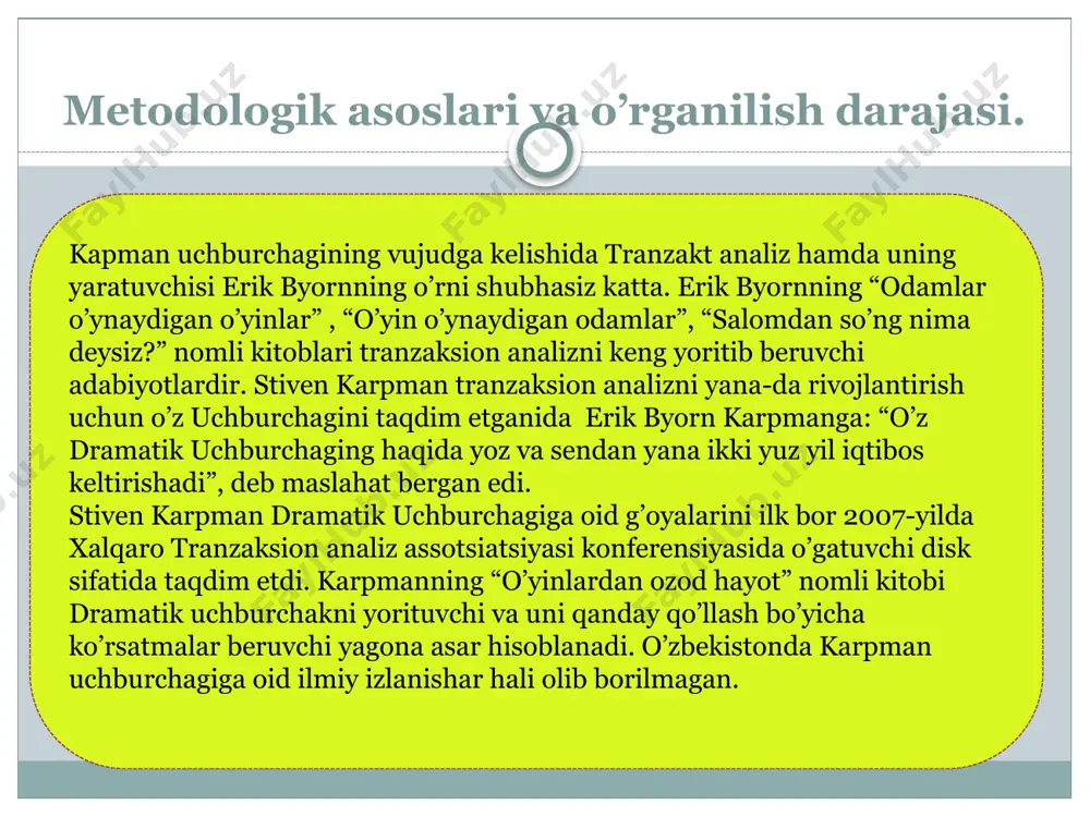 am bera oladigan yagona odamsan!” jabrdiydaning xulq-atvoriga xos xususiyatlardan biri – u vaqtining katta qismini hayotiy qiyinchiliklar va yengib bo’lmas to’siqlarni ustidan shikoyat qilishga sarflaydi, yangi yechim va imkoniyatlarni qidirishga emas. buning to’lovi esa o’zining zaif ekanligi va boshqalar uning ojizligidan foydalanib har doim ekspluatatsiya qilishiga bo’lgan ishonchdir. zolim (agressor) zolim – tanqid qiladi, bosim o’tkazadi, jabrdiydani azoblaydi va ayni vaqtda jabrdiydaning bechoraligini va doim xato qilishini ta’kidlaydi. biroq zolim verbal bosim bilan kuchni farqlolmaydi. “sen hech qachon…” “qanday bunchalik ahmoq bo’lish mumkin?” degan gaplarni ko’p ishlatadi. zolim xulq-atvoriga xos bo’lgan asosiy xususiyat – u doim ochiqdan-ochiq jabrdiydasiga hujum qiladi. buning to’lovi shuki, u verbal majburlash va bosim o’tkazishsiz ish bitira olmasligiga ishonchdir. oiladagi zo’ravonligini asoslashda zolim er quyidagi fikrga ishonadi: “mening vazifam – dars berib qo’yishdir”. uchburchaklar haqida ikki og’iz so’z: biz hammamiz o’yin o’ynaymiz. biz o’yinni o’zimiz boshlaymiz va o’zimiz unga kiramiz. eng muhim qoida shuki, taklif uch …