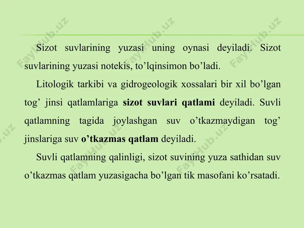 kazamiz. so’ngra ajratilgan maydonchalar turli xil ranglar bilan bo’yaladi. xarita tuzilganidan so’ng undagi shartli belgilar uning o’ng tomoniga joylashtiriladi, nomi va masshtabi xaritaning yuqorisiga yoziladi. masshtab 1:2000 shartli belgilar 0-1m 1-3 m 3-5 m 5-7 m 10 < - gorizontal - gidroizogips - botqoqlanish - daryo - tok chiziqlari xaritadan foydalanib quyidagi masalalar yoritiladi: 1. xududning relef sharoiti, eng yuqori va past balandliklar (relefi, umumiy tavsif, notekisligi, yo’nalishi va nishabi). 2. sizot suvlari yuzasi relefiga umumiy tavsif, joylashish chuqurligi va nishabi, alohida xususiyatlari. 3. yer usti va yer osti suvlarining o’zaro bog’liqligi. 4. sizot suvlarining oziqlanish va sarflanish maydonlarining yo’nalishi. 5. sizot suvlari sathi 2,0 m ko’tarilganda qaysi maydonlarda botqoqlanish hodisasi ro’y berishi mumkin va necha gektar erda meliorativ tadbirlar o’tkazilishi lozim? vazifa to’liq bajarilgandan so’ng talaba quyidagi nazorat savollariga yozma ravishda javob beradi: 1.gidroizogips xaritasi qanday maqsadlarda tuziladi? 2.gidroizogips xaritasi qanday tartibda tuziladi? 3.gidroizogips chizig’i xaritada nimani ko’rsatadi? 4.gidroizogips …