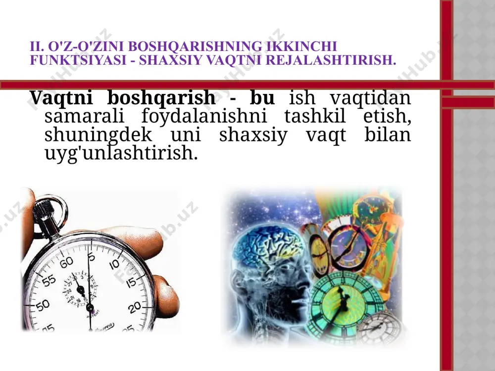 pareto printsipi: pareto printsipiga kelsak, ular "80/20 nisbati" haqida gapirishadi. ushbu naqshni menejer ishiga o'tkazish, ish jarayonida 80% natijalar (chiqish) sarflangan vaqtning (xarajat) 20% ga erishilishini anglatadi. sarflangan vaqtning qolgan 80% umumiy natijaning atigi 20% ni keltiradi. amalda, ushbu naqsh bilan bog'liq holda, odatda abc tahlili qo'llaniladi va amalga oshiriladi , bu to'plamning alohida elementlari o'rtasida o'ziga xos xususiyatni taqsimlash darajasi aniqlanadigan usul. abc tahlili quyidagi sxemaga asoslanadi: • eng muhim holatlar (a toifasi) barcha holatlar sonining taxminan 15% ni tashkil qiladi, bu holatlarning ahamiyati (maqsadga erishishga qo'shgan hissasi bo'yicha) taxminan 65% ni tashkil qiladi; • muhim ishlar (b toifasi) umumiy sonining qariyb 20 foizini, shuningdek, ishlarning ahamiyatining 20 foizini tashkil qiladi; • unchalik muhim bo‘lmagan va ahamiyatsiz holatlar (c toifasi) umumiy ishlar sonining qariyb 65% ni tashkil qiladi, lekin kichik ulushga ega – boshqaruvchining barcha ishlari umumiy ahamiyatining taxminan 15%. abc usuli yordamida vaziyatlarni tahlil qilish uchun siz: • …