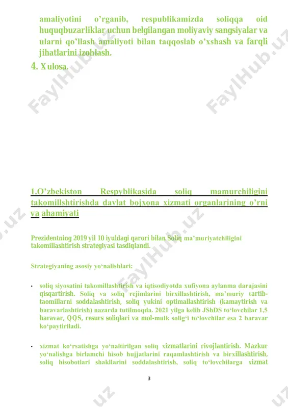 sh bilan bog‘liq bo‘lgan xarajatlarni qisqartirish, barcha toifadagi tadbirkorlik sub'yektlariga qulay sharoitlarni ta'minlaydigan transparent va barqaror soliq tizimini shakllantirish; 5 · soliq to‘lovchilar faoliyatiga aralashishni, shuningdek, davlat soliq xizmati organlarida «inson omili»ni hamda korrupsiya holatlarining salbiy ko‘rinishlarini kamaytirish imkonini beradigan tavakkal-tahlil va masofaviy tahliliy ishlar tizimi asosida soliq nazorati tizimini shakllantirish. strategiyaning asosiy yo‘nalishlari etib soliq siyosatini takomillashtirish va iqtisodiyotda xufiyona aylanma darajasini qisqartirish, jumladan, 2021 yilga kelib jismoniy shaxslarning daromad solig‘ini to‘lovchilarni 1,5 baravar, qqsni to‘lovchilarni 2 baravar hamda resurs soliqlari va mol-mulk solig‘i to‘lovchilarni 2 baravar ko‘paytirish; xizmat ko‘rsatishga yo‘naltirilgan soliq xizmatlarini rivojlantirish; soliq tavakkalchiliklarini baholash tizimini joriy qilish va soliq hisobini takomillashtirish; davlat soliq xizmati organlari faoliyatini yanada takomillashtirish; davlat soliq xizmati organlarida korrupsiyaga qarshi kurashish mexanizmlarini rivojlantirish belgilanmoqda. strategiyadan kutilayotgan natijalar orasida to‘g‘ridan-to‘g‘ri xorijiy investitsiyalar sur'ati o‘sishiga erishish, soliq tekshiruvlari sonini qisqartirish, soliqlarning undirilish darajasi oshirish, shuningdek, o‘zbekistonning xalqaro reytinglardagi pozitsiyalari, ishbilarmonlik faolligining indeks ko‘rsatkichlari yaxshilanishi …