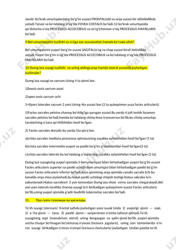 ruvchi to'qimani yuza qavati periostga aylanadi va yosh suyakni ustini qoplaydi. periost hisobiga suyak qalinlashadi. 2. perixondral suyaklanish (peri—atrof, chondros—tog'ay) homila hayotining 8-haftasida mezenximadan hosil bo'ladigan suyakning shaku paydo bo'ladi. tog'ayni tashqi tomondan qoplagan tog'ay usti pardasi ichkiqavatidagi yosh suyak hujayralar — osteoblastlami hosil qiladi va gialin tog'ayga aylanadi. bu osteoblastiar ko'payib, suyak qatlamini hosil qiladi va asta-sekin tog'ay to'qimaning o'm ini egallab, suyakning zich (kompakt) moddasiga aylanadi. 3. tog'ay suyaklanib bo'lgandan keyin tog'ay usti pardasi suyak parda — periostga aylanadi. keyingi davrlarda suyaklami eniga o'sishi (yo'g'onlashishi) ana shu suyak parda hisobiga bo'ladi va suyaklanishining bu turi periostalsuyaklanish deb ataladi. 4. endoxondral suyaklanish (endo — ichida, chondros — tog'ay) tog'aylar ichida tog'ay usti pardasi ishtirokida vujudga keladi. tog'ay usti pardasidan tog'ay ichiga qon tomirlar o'sib kiradi va tog'ay yemirila boshlaydi. qon bo'ladi. bu osteoblastlardan paydo bo'lgan suyak nuqtasi tashqariga qarab o'sib, suyakning g'ovak moddasini hosil qiladi. 5 buying umurtqalarining tuzilishi …