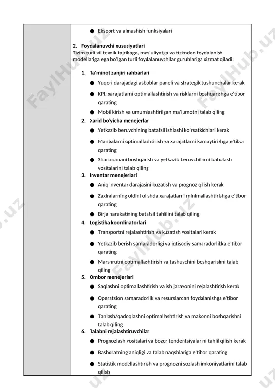 4. logistika koordinatorlari · transportni rejalashtirish va kuzatish vositalari kerak · yetkazib berish samaradorligi va iqtisodiy samaradorlikka e'tibor qarating · marshrutni optimallashtirish va tashuvchini boshqarishni talab qiling 5. ombor menejerlari · saqlashni optimallashtirish va ish jarayonini rejalashtirish kerak · operatsion samaradorlik va resurslardan foydalanishga e'tibor qarating · tanlash/qadoqlashni optimallashtirish va makonni boshqarishni talab qiling 6. talabni rejalashtiruvchilar · prognozlash vositalari va bozor tendentsiyalarini tahlil qilish kerak · bashoratning aniqligi va talab naqshlariga e'tibor qarating · statistik modellashtirish va prognozni sozlash imkoniyatlarini talab qilish 7. biznes tahlilchilari · ma'lumotlarni o'rganish va hisobot yaratish vositalari kerak · yaxshilash imkoniyatlarini aniqlashga e'tibor qarating · vaqtinchalik so'rov va tahlil qilish imkoniyatlarini talab qiling 3. funktsional talablar 3.1. ta'minot zanjiri ko'rinishi id talab ustuvorlik fr1.1 tizim asosiy ta'minot zanjiri ko'rsatkichlari va kpi ko'rsatuvchi sozlanishi asboblar panelini taqdim etishi kerak. yuqori fr1.2 tizim barcha omborlar va tarqatish markazlarida inventar darajasini real vaqt rejimida kuzatish imkonini beradi. …
