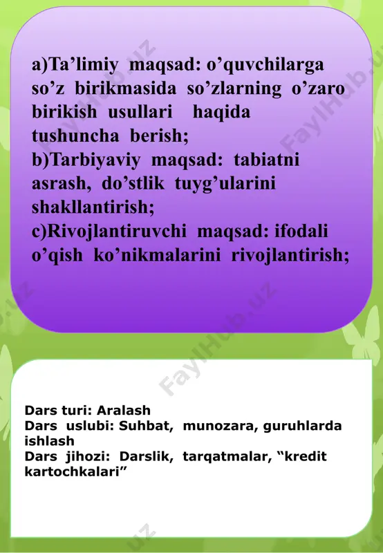 ko’rsatiladi) tashkiliy qism 2 daqiqa 2. o`tgan mavzuni so`rash 8 daqiqa 3.yangi mavzuni bayoni 20 daqiqa 4.mustahkamlash 10 daqiqa 5.baholash 3 daqiqa 6.uyga vazifa berish 2 daqiqa i guruh ii guruh iii guruh erta turmoq bog’ga kirmoq nazirjonning do’stlari katta xona uydan chiqmoq maktabimizning jamoasi oltin uzuk o’quvchiga e’tibor iv.yangi mavzuni mustahkamlash. 60-mashq (doskada bajariladi) har bir guruhdan bittadan o’quvchi chiqib, so’z birikmalari dagi so’zlarning birikish usullarini topib, izohlaydi. boshqaruv: choynakdan kattaroq, qalam bilan chizmoq moslashuv: o’quvchining sovg’asi kitobning muqovasi bitishuv: chiroyli so’zlamoq sekin ishlamoq 61-mashq (mustaqil bajariladi) “kim chaqqon-u, kim g’olib?” o’yini asosida so’z birikmalari birikish usuliga ko’ra ajratiladi. i guruh ii guruh iii guruh erta turmoq bog’ga kirmoq nazirjonning do’stlari katta xona uydan chiqmoq maktabimizning jamoasi oltin uzuk o’quvchiga e’tibor 62-mashq ( mustaqil bajariladi) boshqaruv, moslashuv va bitishuv usullari bilan so’z birikmalarini hosil qilish va gaplar tuzish. masalani yechmoq (boshqaruv) do’stim berilgan masalani yechdi. shahrimizning ko’chalari (moslashuv) shahrimizning …