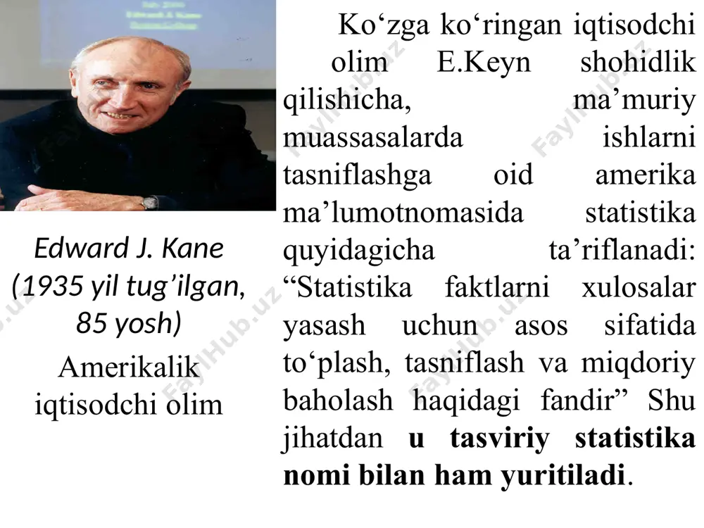 r, internetdagi statistik nashrlar; amaliy faoliyat sohasi («statistik hisob»), jamiyat hayotidagi ommaviy miqdoriy ma`lumotlarni yig'ish, qayta ishlash, tahlil qilish va chop etish jarayoni. bu jarayon davlat statistika qo'mitasi va uning bo'linmalari tomonidan amalga oshiriladi (www.stat.uz); parametr, tasodifiy ko'rsatkichlar qatori, u alohida algoritm asosida olib borilgan statistik kuzatish natijasida olinadi. asosan matemetik statistikada ayrim gipotezalarni tasdiqlashda qo'llaniladi. 10 о‘zbekistonda statistikani rivojlantirishda toshkent xalq xо‘jaligi institutida 1932 yildan boshlab о‘z faoliyatini boshlagan «statistika» kafedrasining olimlari о‘z hissalarini munosib qо‘shganlar. ular jumlasiga respublikamizda birinchilar qatorida doktorlik dissertatsiyasini yoqlagan, sо‘ngra o’zbekistonda xizmat kо‘rsatgan fan arbobi unvoniga sazovor bо‘lgan n. soatov va e. akramovlarni kiritishimiz mumkin. masalan, n. soatovning «sug‘oriladigan yerlar statistikasi muammolari» nomli asari о‘zbekistonda sug‘oriladigan yerlar statistikasini takomillashtirishga bag‘ishlangan bо‘lsa, e. akramovning «kapital qо‘yilmalaridan foydalanish samaradorligi» asarida esa investitsiya kо‘rsatkichlarini takomillashtirish masalalari yoritilgan. 1979 yilda ushbu olimlarning maxsus muharrirligi ostida birinchi marta о‘zbek tilida mualliflar jamoasi tomonidan «statistika asoslari» nomli о‘quv qо‘llanmasi «о‘qituvchi» …