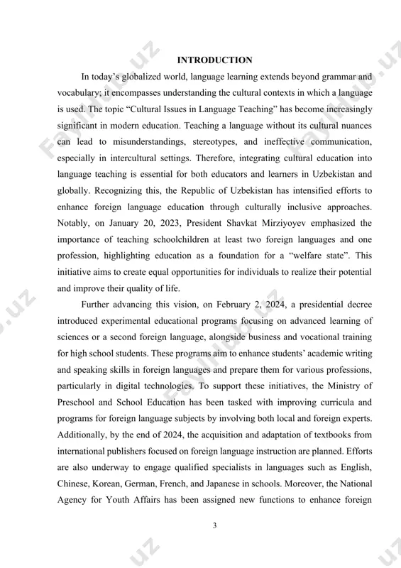 contemporary educators and policymakers. the purpose of this study is to explore and analyze the role of cultural issues in language teaching and to identify effective methods for integrating cultural awareness into language education. as language and culture are inherently connected, the study aims to demonstrate how the inclusion of cultural elements enhances learners’ communicative competence and intercultural sensitivity. it also seeks to highlight the challenges that educators face when addressing cultural components in the classroom and to offer practical recommendations based on current educational reforms and global best practices. in the context of uzbekistan’s ongoing education reforms—particularly those outlined in recent presidential decrees—the study intends to assess how national policies support the integration of culture into language curricula. by doing so, the research will contribute to the development of more inclusive, effective, and globally relevant language education strategies that align with both international standards and local educational priorities. the …